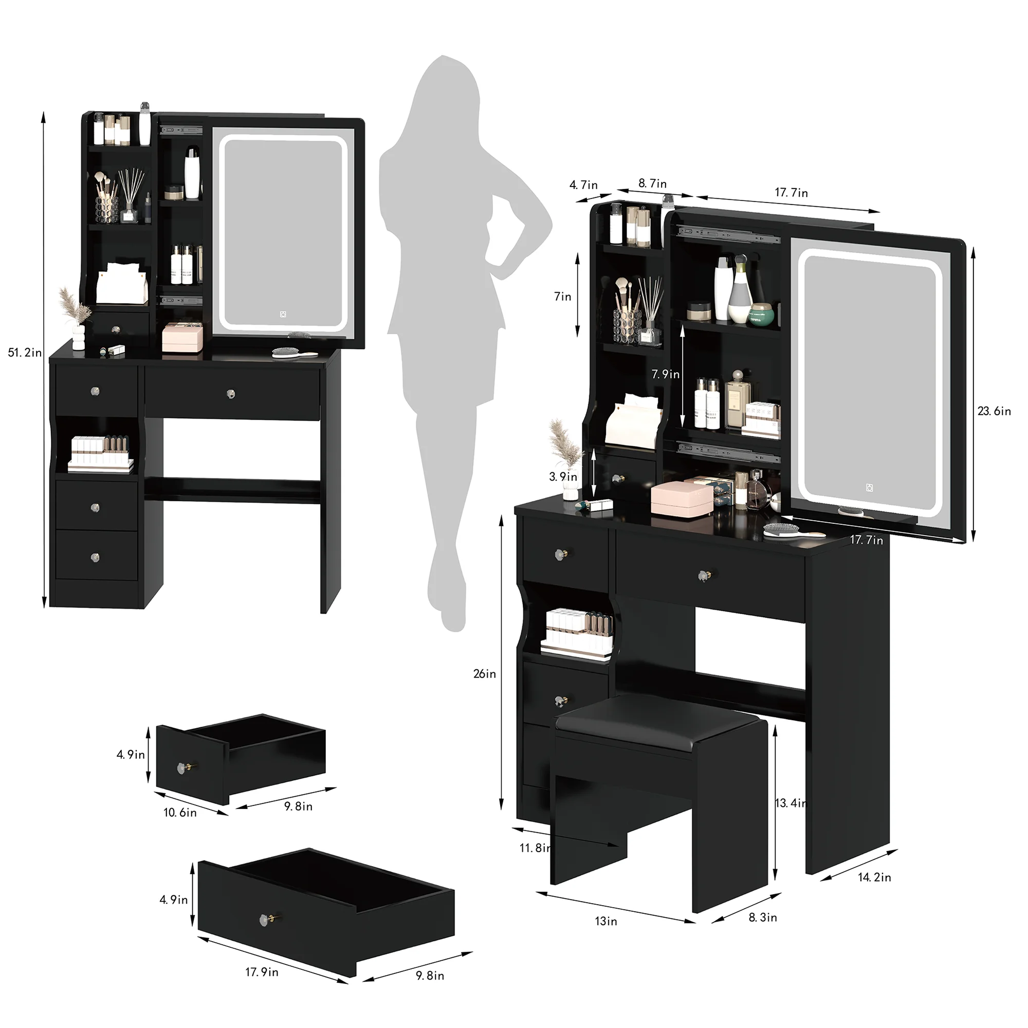 Vanity Set with Stool, Black Vanity Desk with Mirror, 5 Drawers and 2-Layer Shelves, LED Three-Tone Lighting, Particle Board With Triamine Coating, Solid Wood Legs With Copper Sheath Decoration