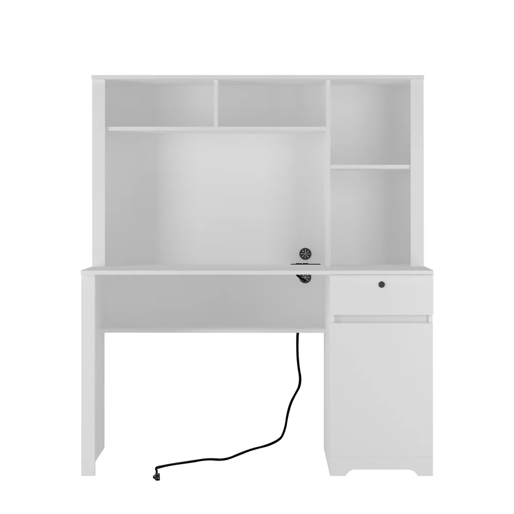 Tcbosik Modern Computer Desk with Charging Station and USB Night Light, Home Office Table with Hutch and Open Shelf, Gaming Workstation with Drawer and Cabinet for Living Room, Study Room, Black
