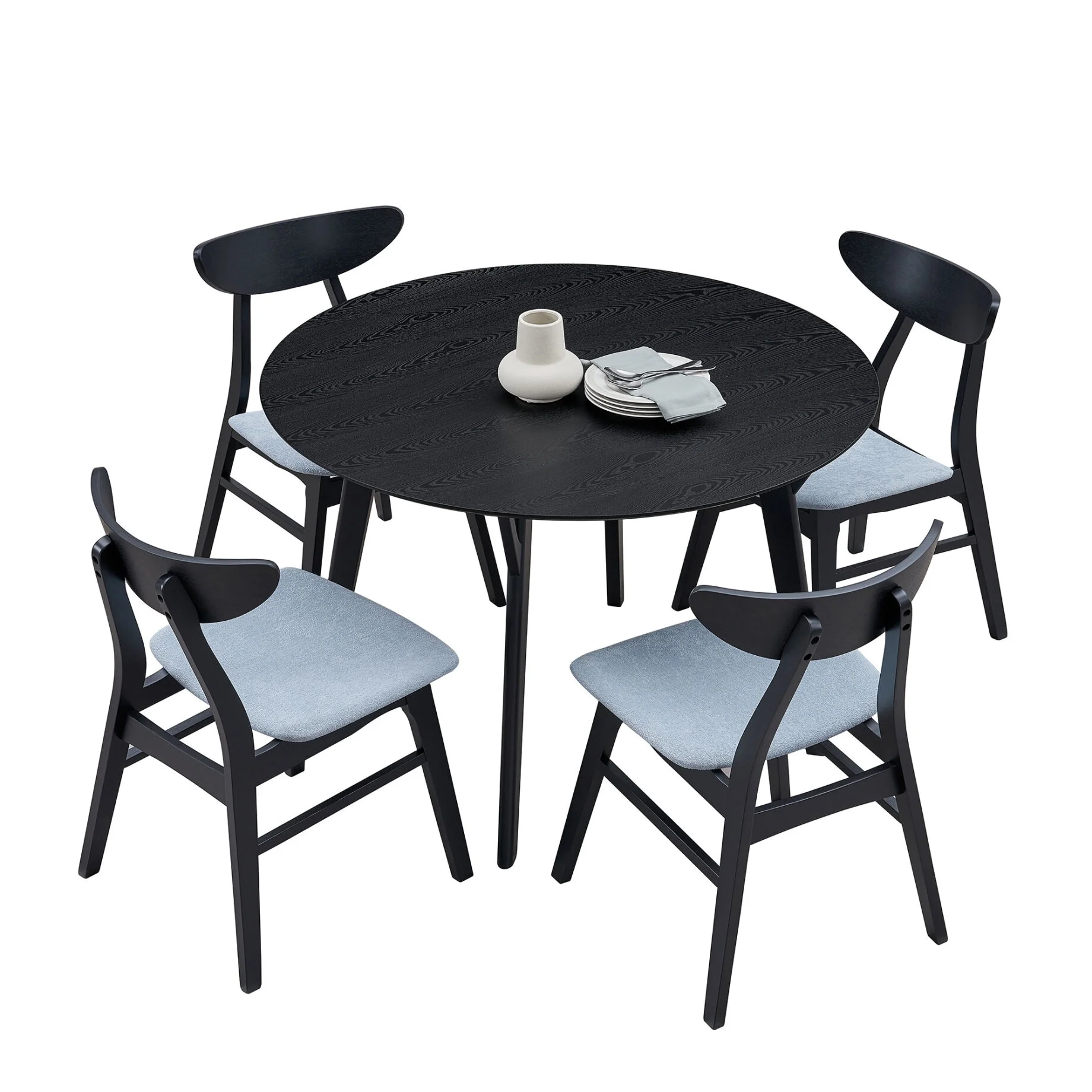 Dining Table Set for 4, Compact Mid-Century Modern Table & Chair Set for Home, Apartment w/ 4 Chairs, Padded Seats & Wooden Frame, Black