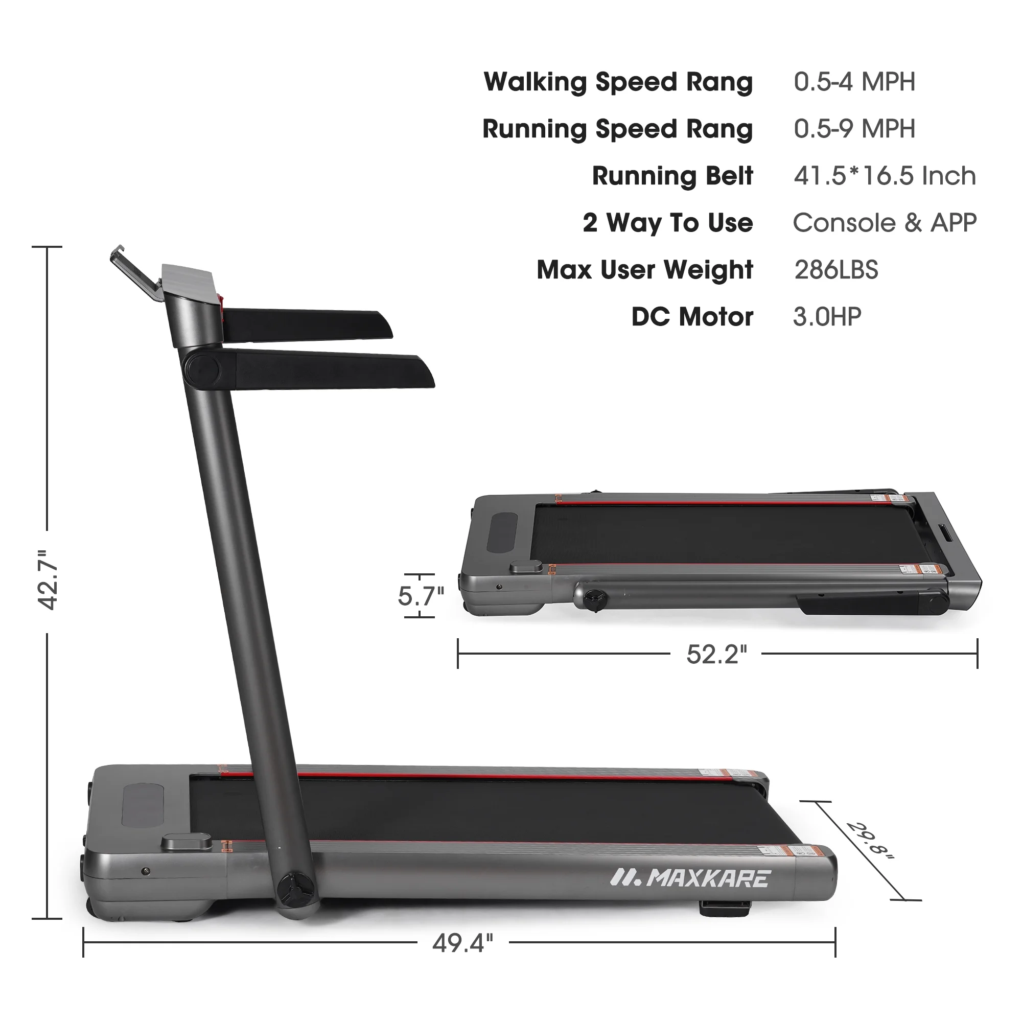 MaxKare Folding Treadmill 286LBS Capacity for Home, 3.0HP 9MPH Under Desk Walking Pad Treadmill with Bluetooth/Zwift App Compatible