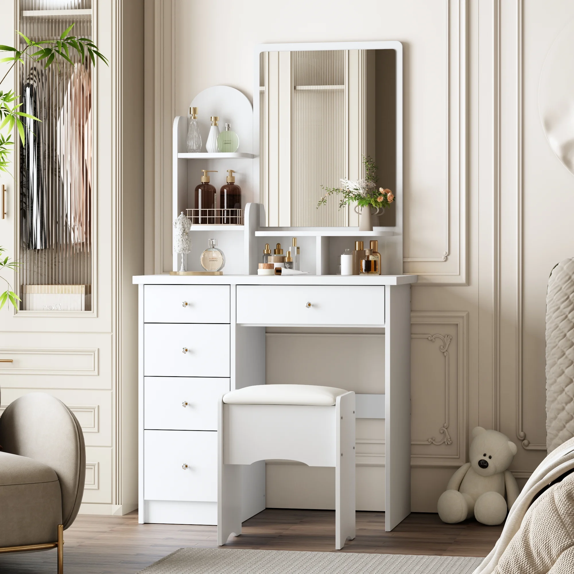 KULAGAGA Vanity Table Set with Light Mirror, Makeup Table with 3 Storage Shelves & 5 Drawers, Dressing Vanity Tables with , Dresser Desk for Girls, Women, White