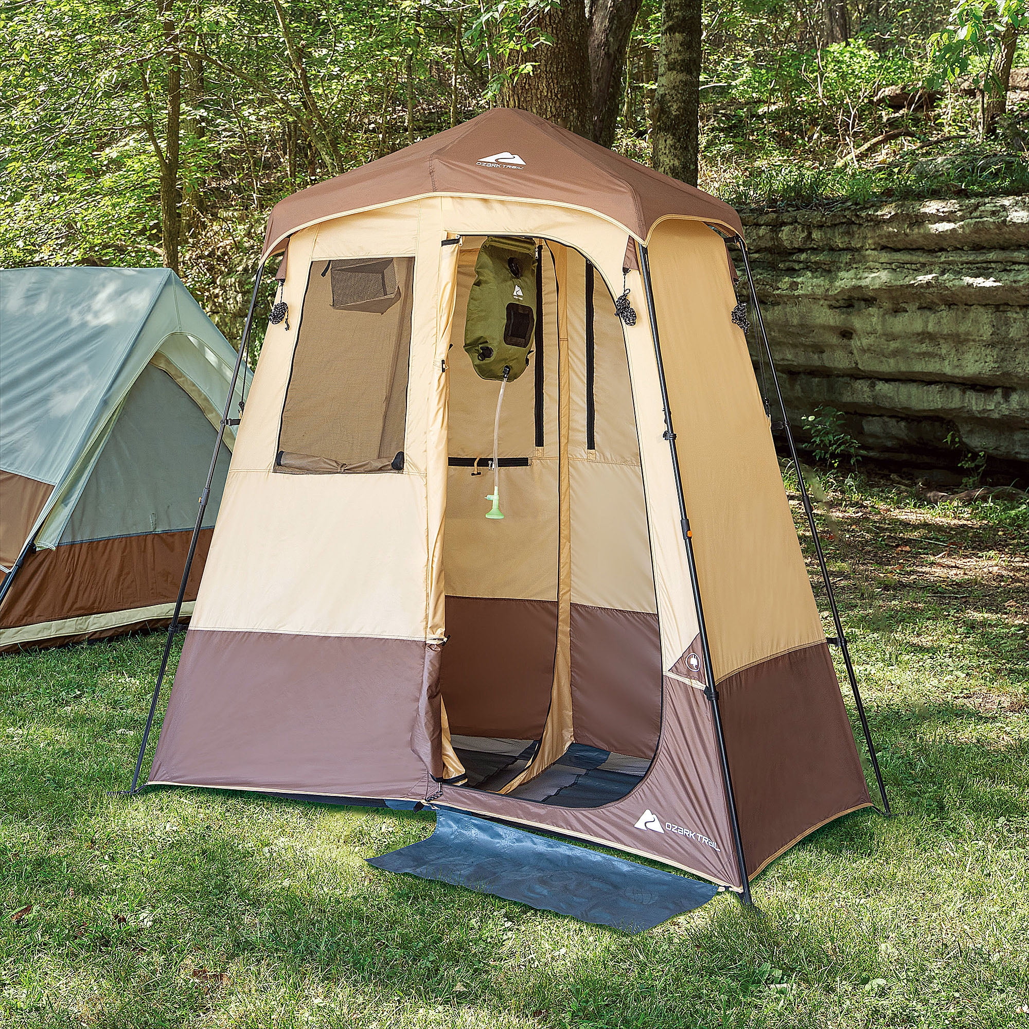 Ozark Trail 2-Room Shower & Utility Tent Combo Includes 5-Gallon Water Container, Easy Setup, Maximum Occupancy Is 2. Khaki Colour.