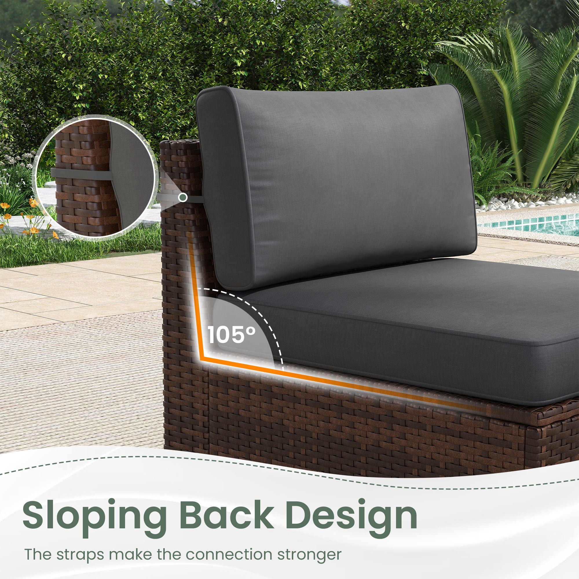 Poteban 7 Pieces Outdoor Sectional Sofa Set , PE Wicker Rattan Slanted Back Outdoor Conversation with Cushions and Glass Coffee Table for Backyard Garden, Dark Gray