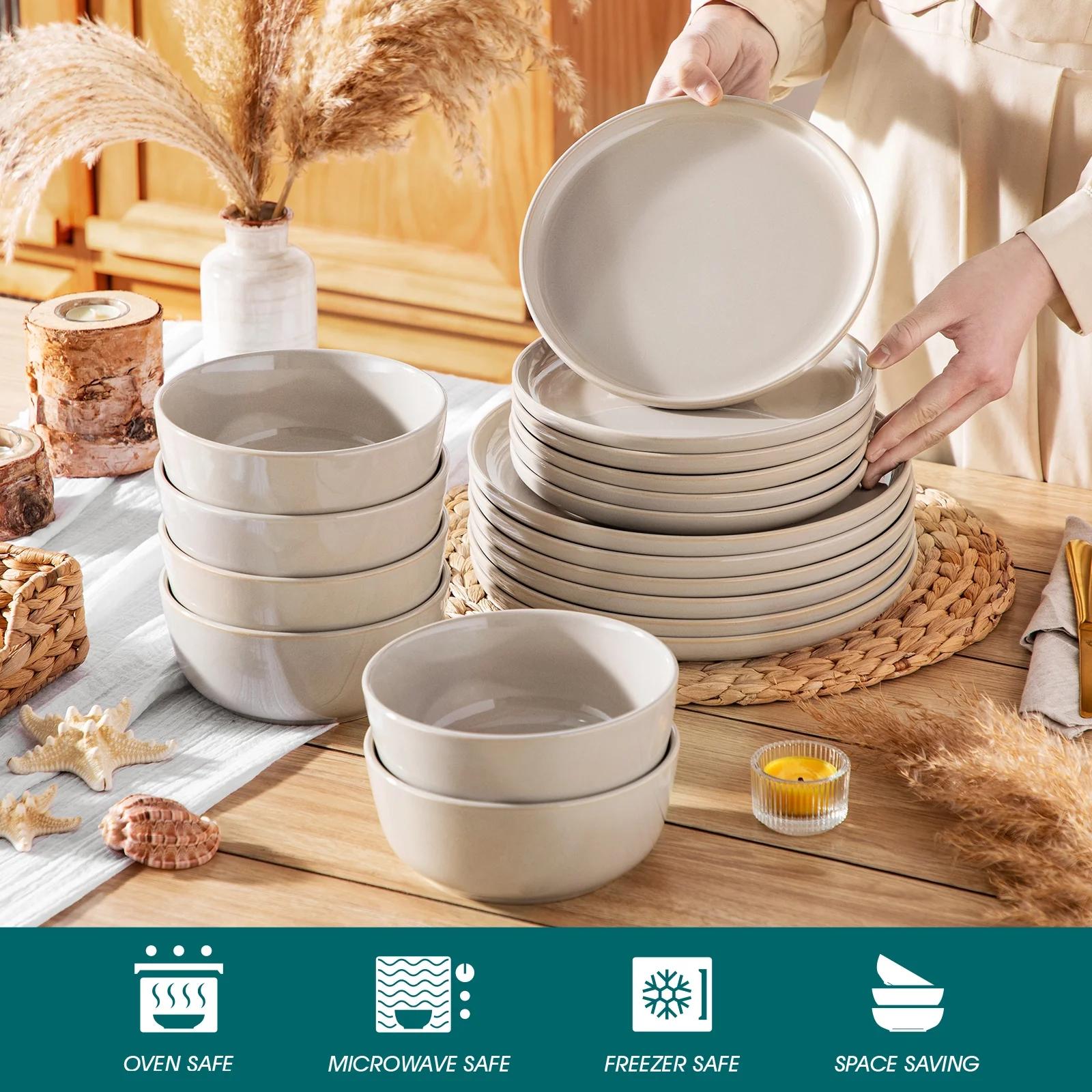 Malacasa 24 Pcs Dinnerware Sets, Stoneware Plates and Bowls Set, Tableware Dishwasher Microwave Safe, Serves For 6 people, Brown