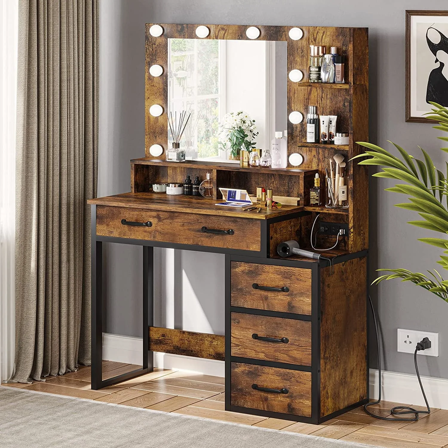 Rustic Vanity Desk Makeup Dresser Desk Table with Lighted Mirror & Charging Station & 5 Drawers, 10 LED Light, Brown & Black