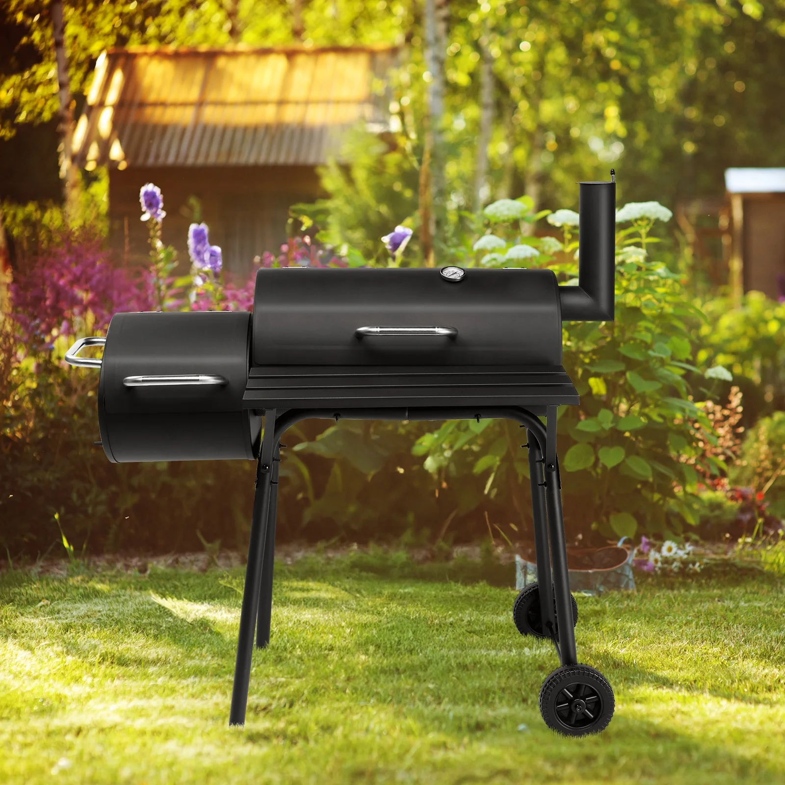 Seizeen Charcoal Grill, Outdoor BBQ Grill & Smoker with Storage Shelf, Portable Barbecue Cooker on Wheels, with Small Table, Thermometer, Adjustable Damper