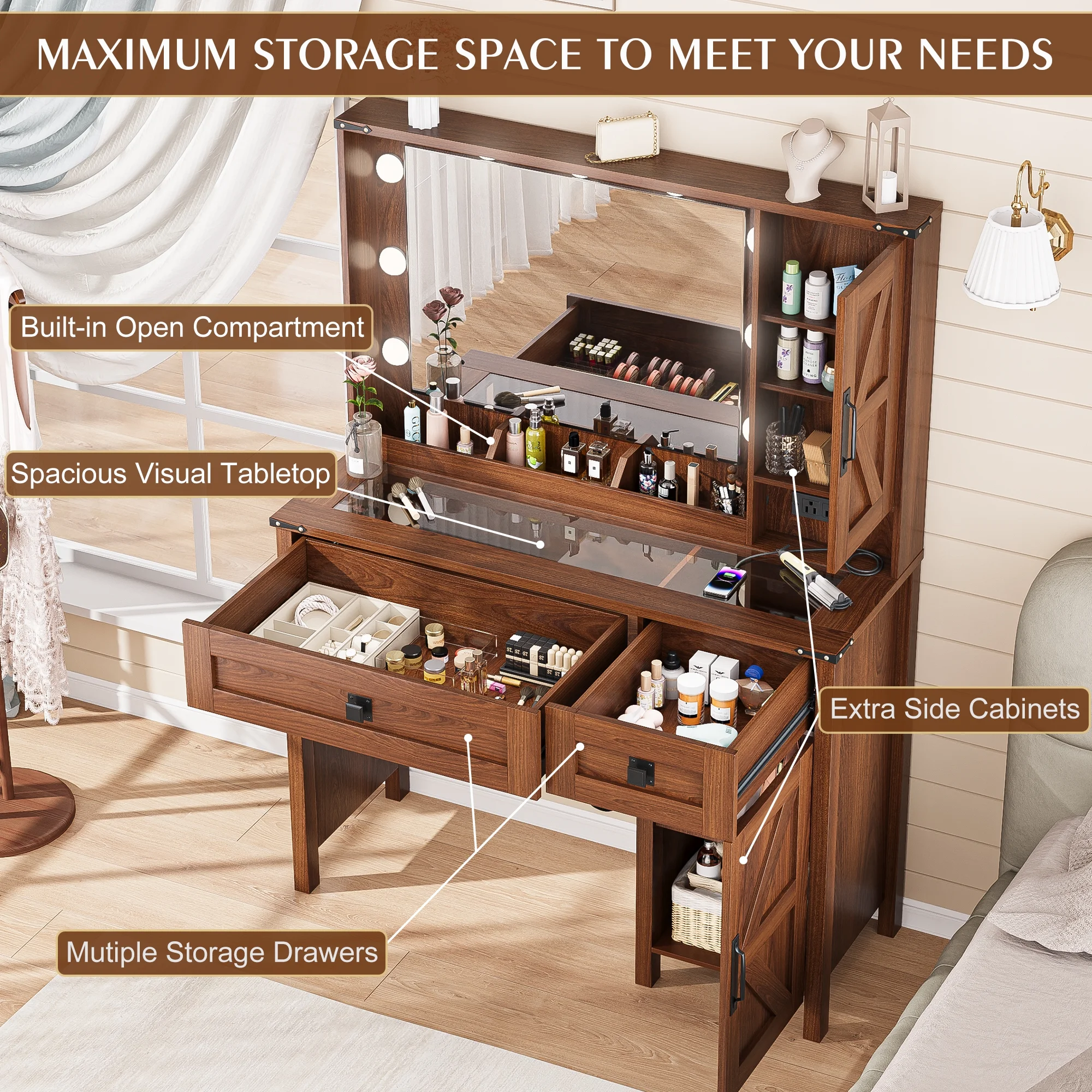 GIKPAL Makeup Vanity, Vanity Desk with Mirror & Glass Top, Farmhouse Vanity with Lights, Charging Station and Drawers, Rustic White