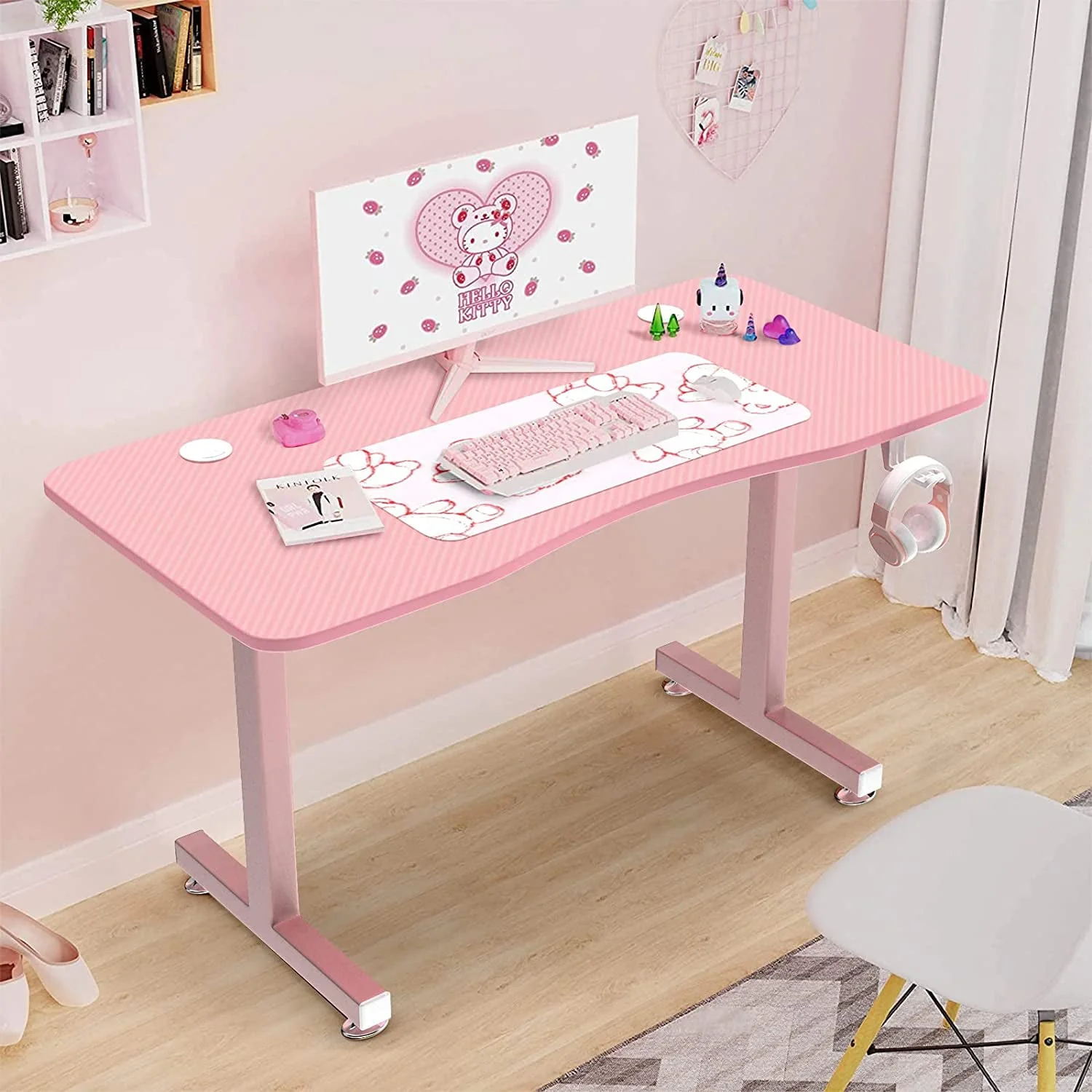 Vitesse Pink Gaming Desk 40 Inch Computer Desk Cute Gaming Table T-Shaped Girl Gamer Desk Gaming Workstation Home Office Desk with Carbon Fiber Surface and Headphone Hook (Pink)