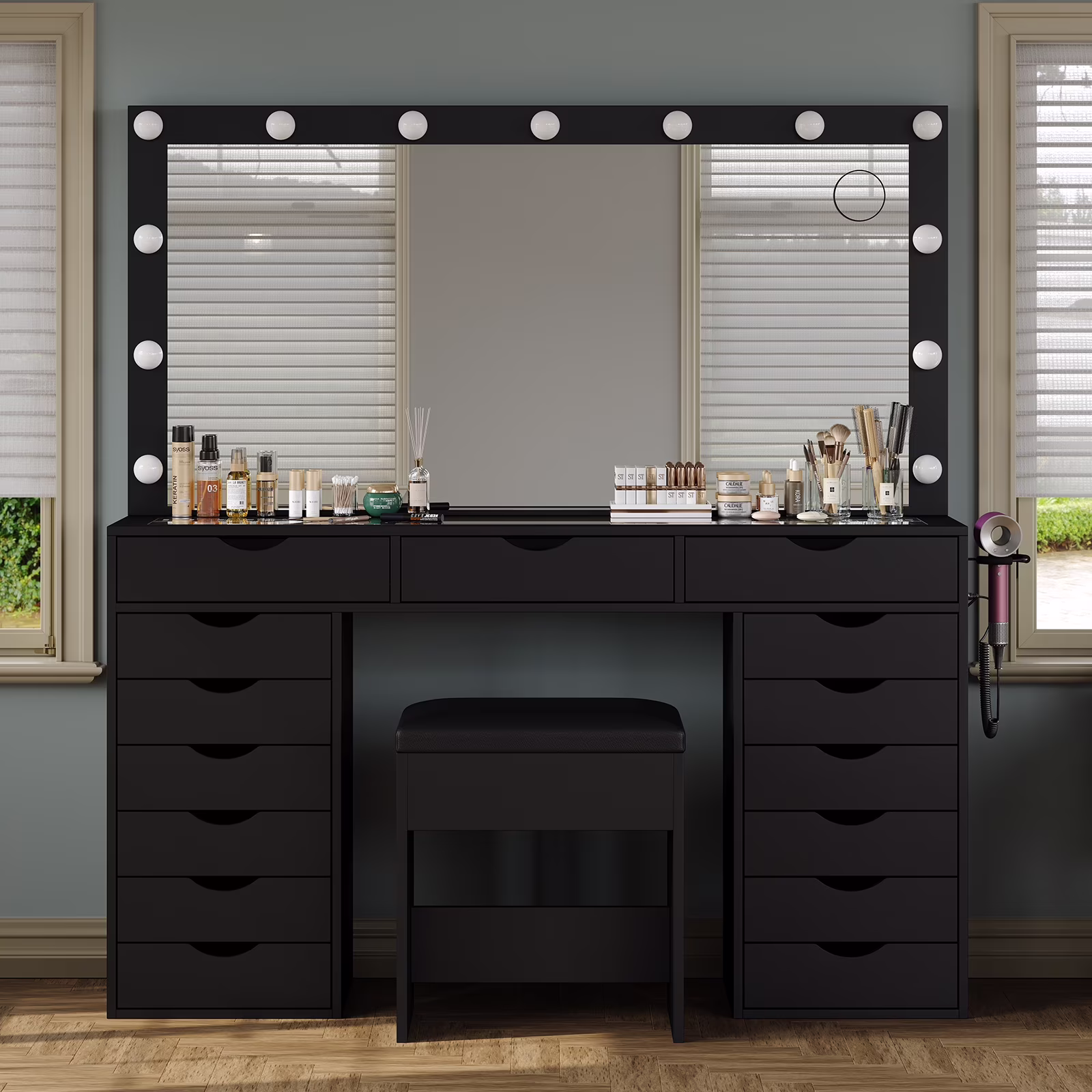 Yanosaku 15 Drawers Vanity Desk with Power Outlet, Makeup Table with Mirror and 13 LED Lights, 3 Color Lighting Modes, Brightness Adjustable, Glass Top Dressing Table, Vanity Set for Bedroom