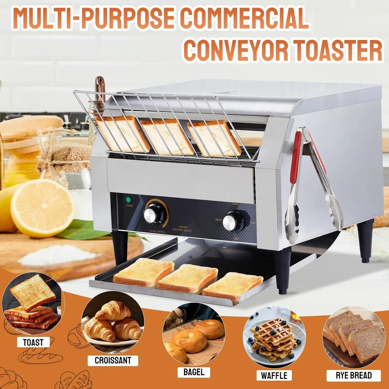 Ktaxon Commercial Conveyor Toaster, 150 Slices/Hour, 1300W, Front/Rear Outlet, Silver
