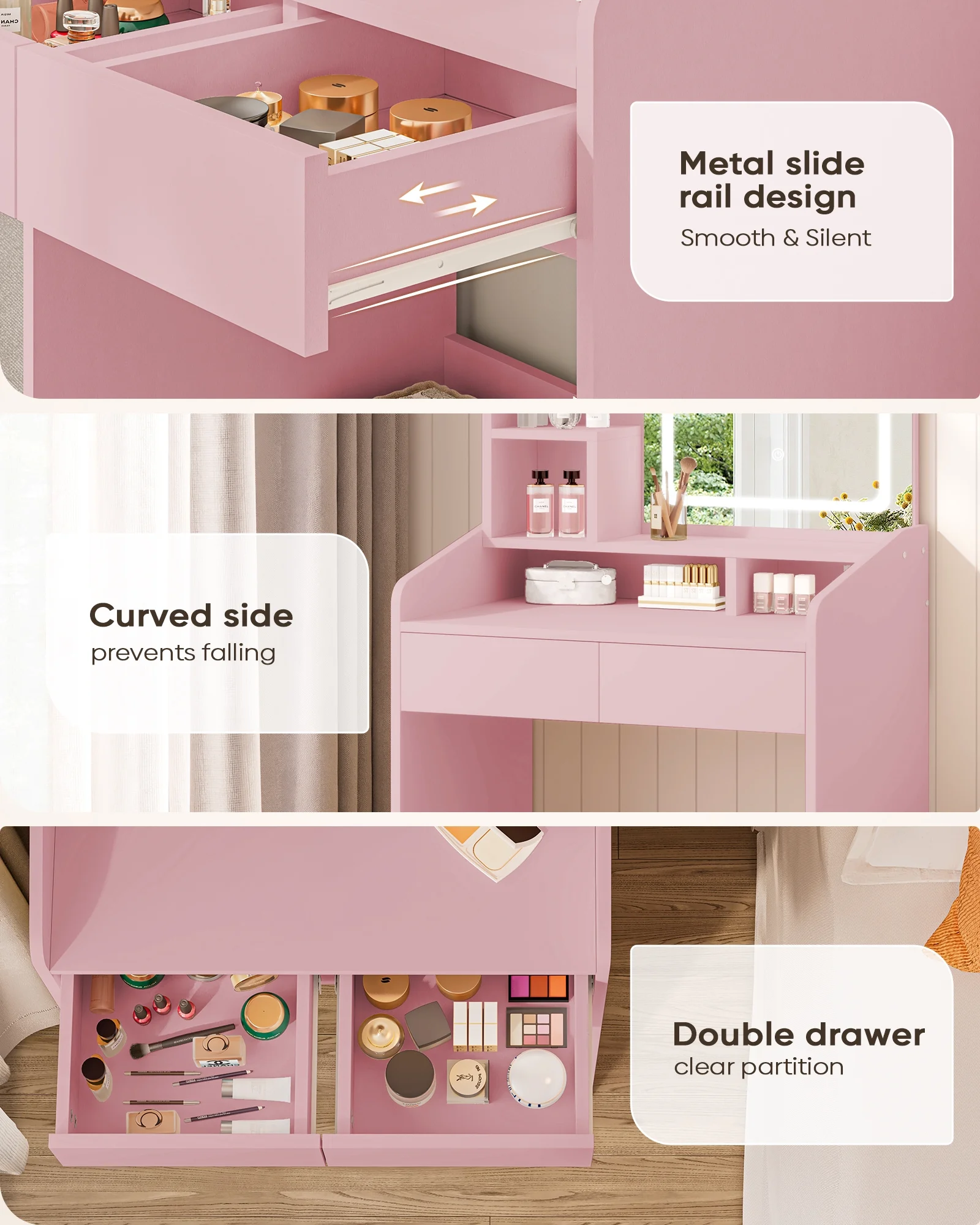 LIVELYGLOW Vanity Desk Set with Square Mirror and Light- Small Vanity Table with Drawers- White