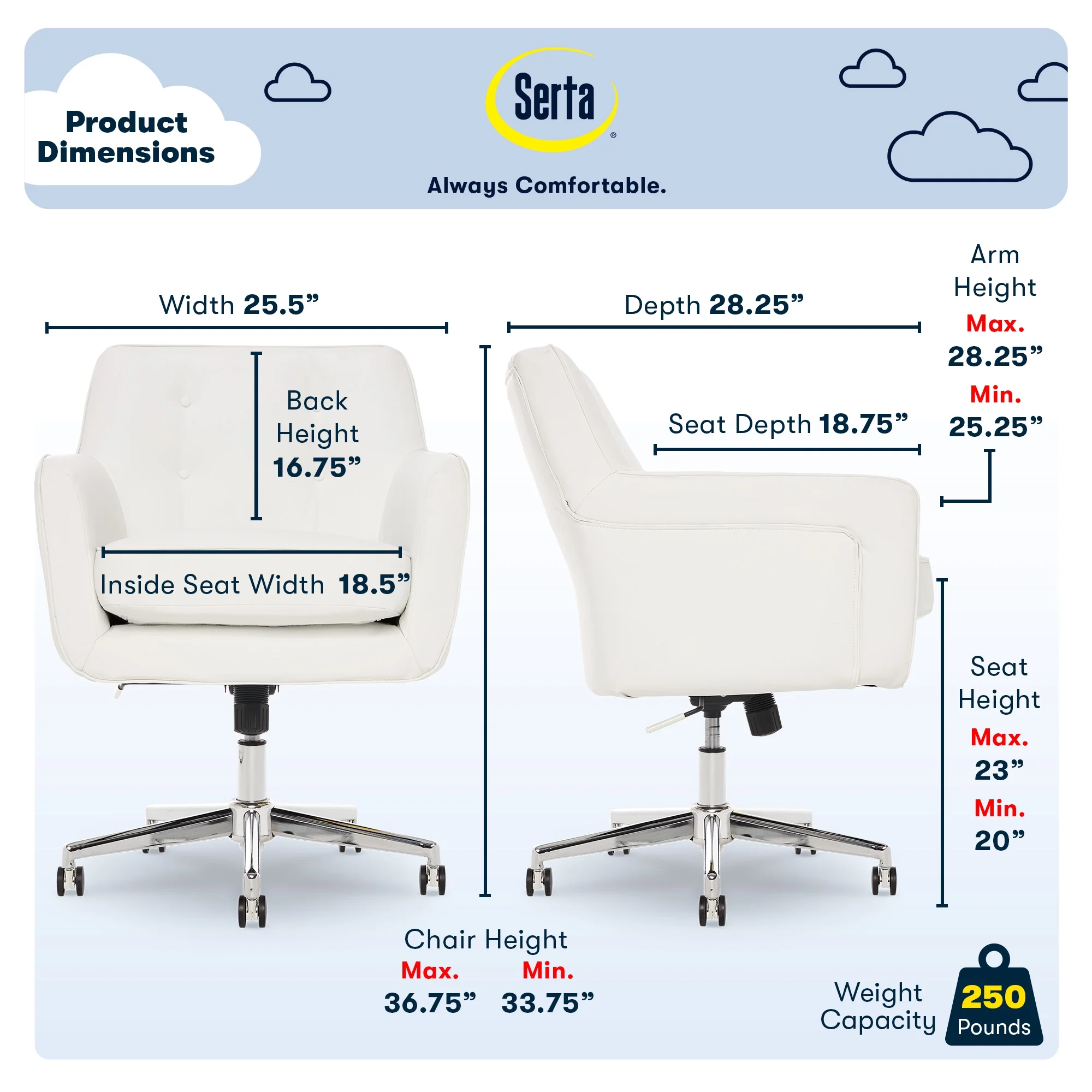 Serta Ashland Office Desk Chair, Button Tufted Mid-Back, Memory Foam Cushion, Chrome Swivel Base, Charcoal