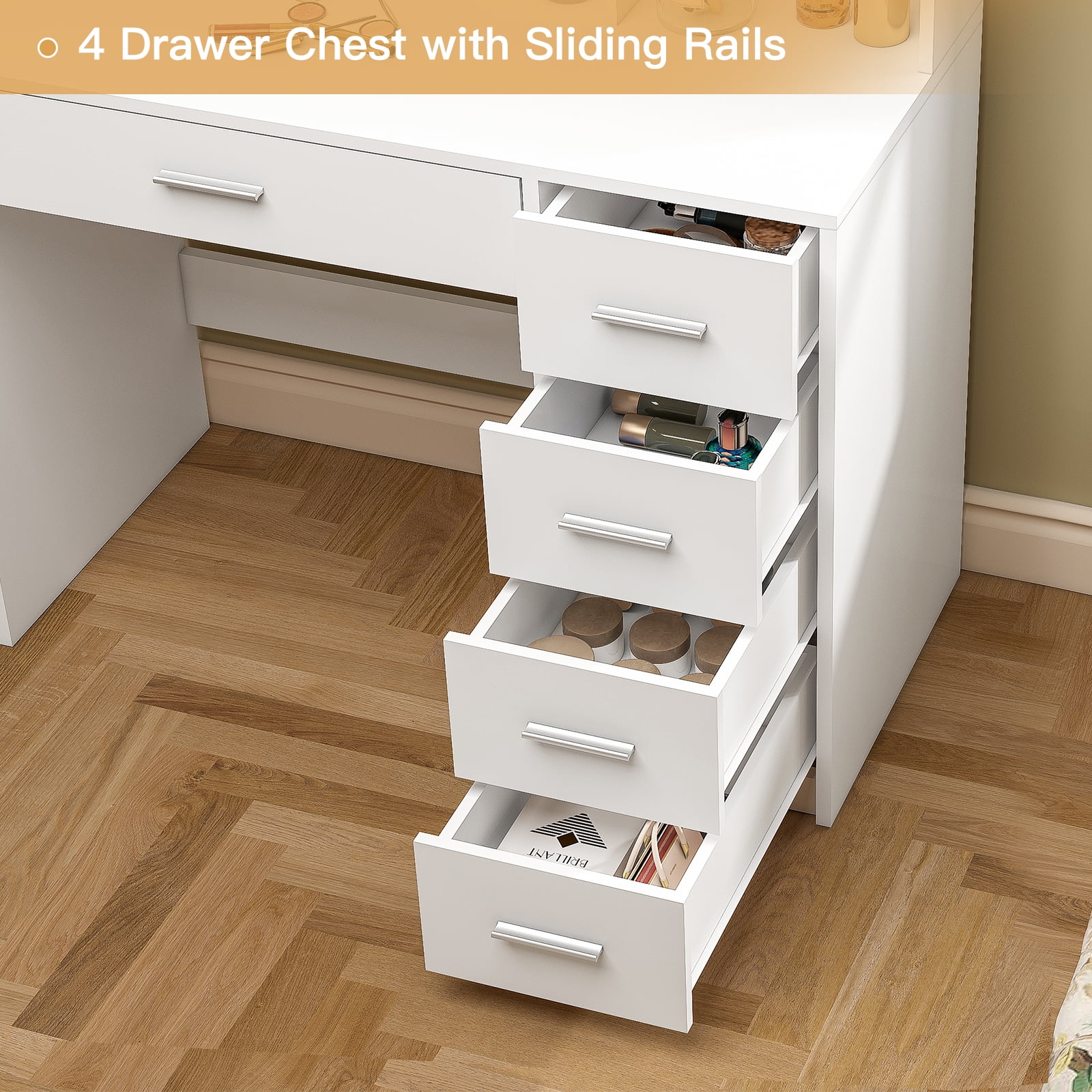Makeup Vanity Desk with Mirror & Lights, Vanity Table with 5 Drawers & Storage Shelves, Makeup Vanity , 3 Color Modes & Adjustable Brightness Dressing Table, Bedroom, White