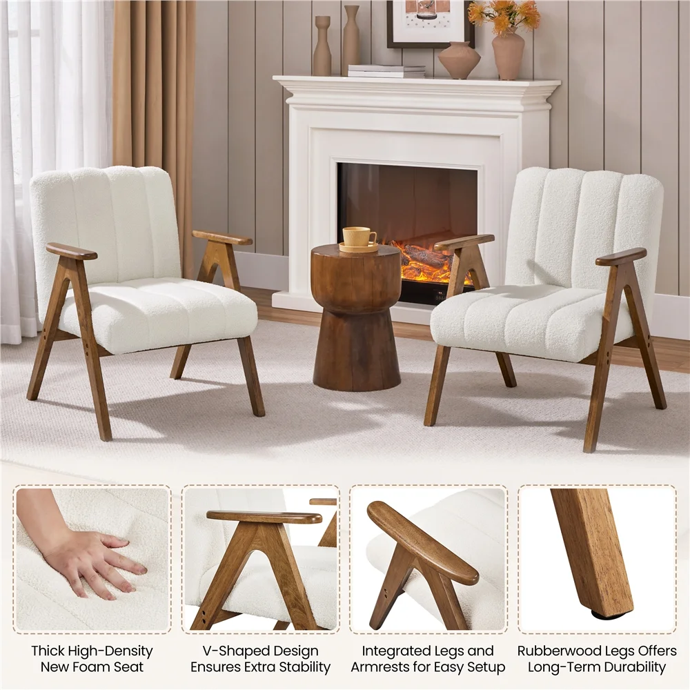Yaheetech Mid Century Modern Boucle Upholstered Accent Chair with Solid Wood Legs, White