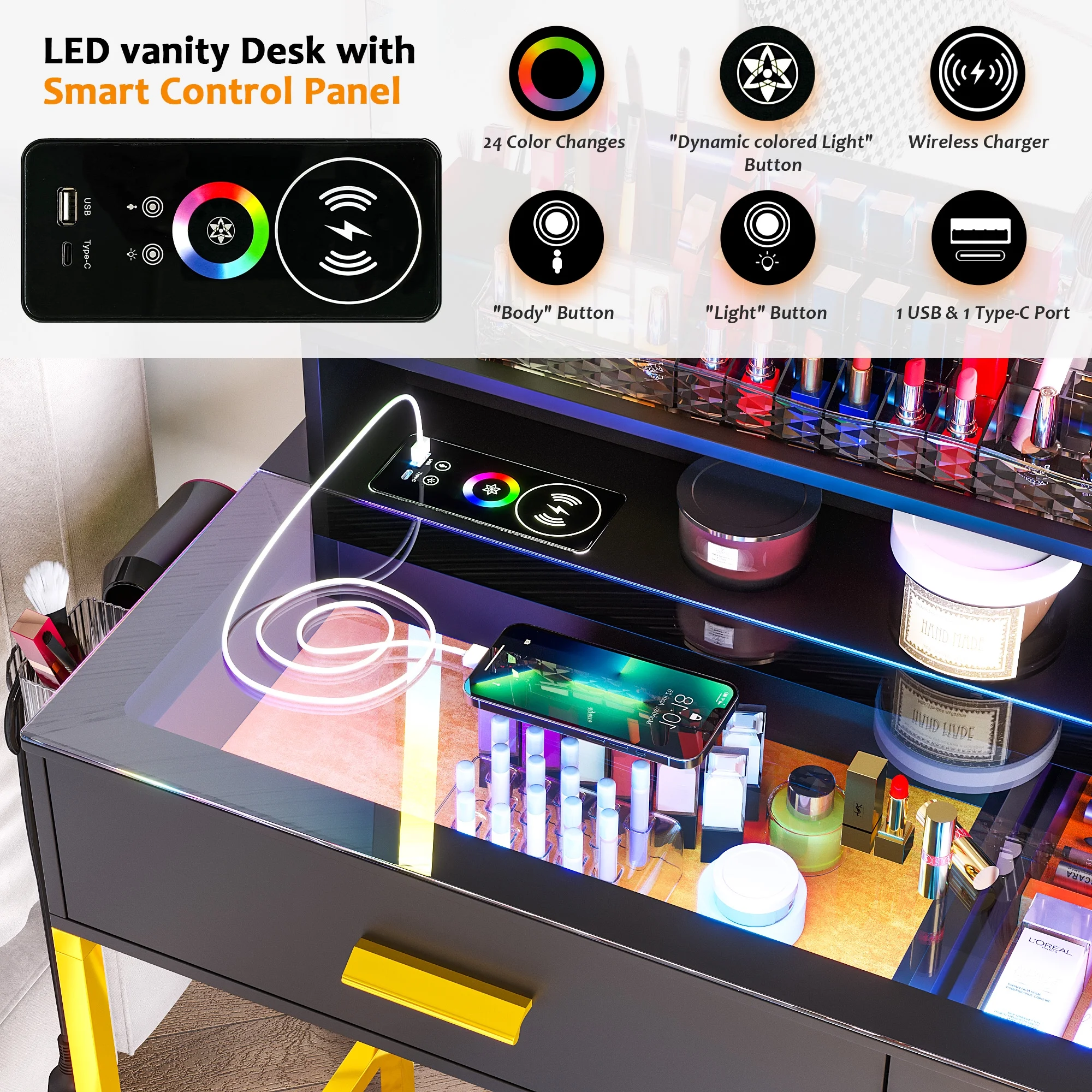 HNEBC Vanity Desk with Mirror and RGB Lights, Glass Top Makeup Vanity with Auto Sensor Lights and Wireless Charging, Vanity Table Set with Cushion Stool, Dressing Table with 6 Drawers (White)