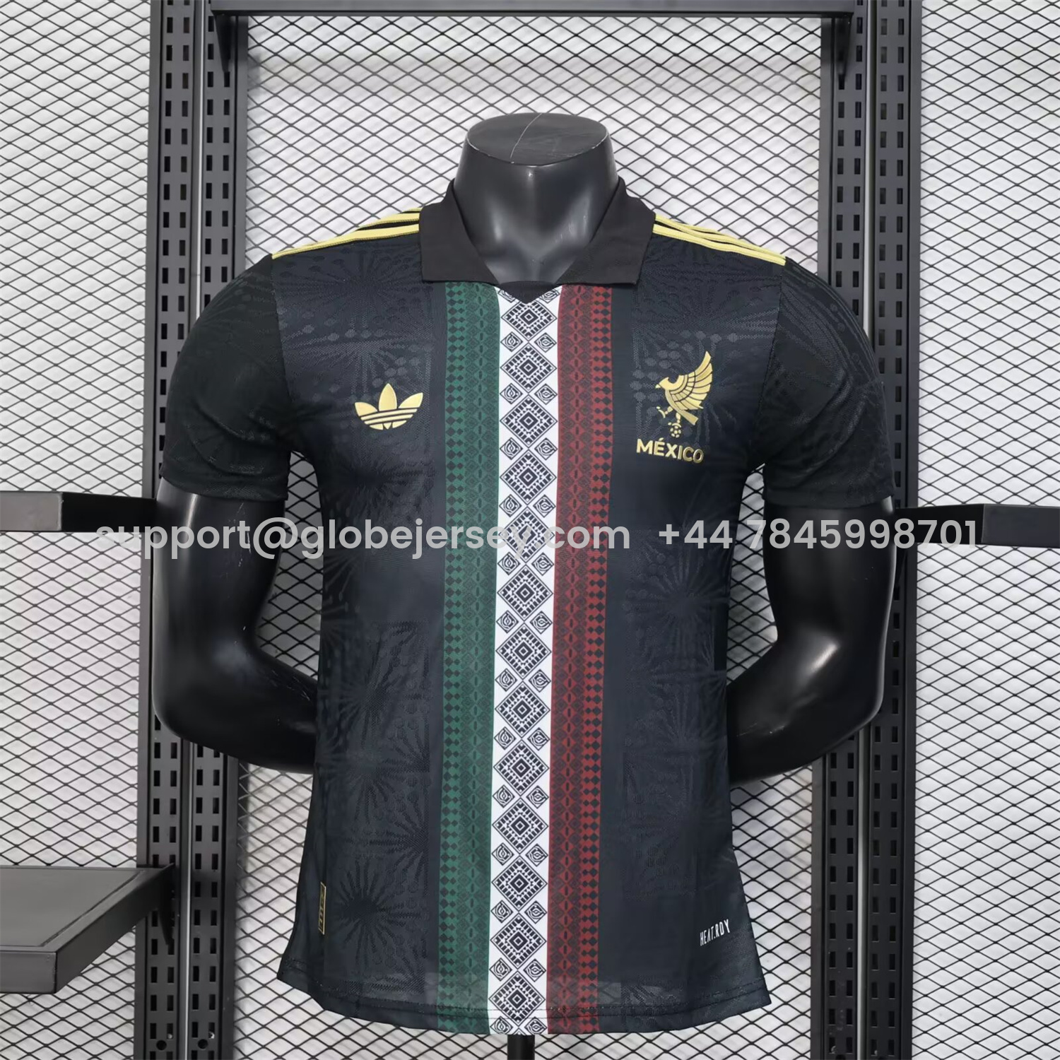 Mexico 25-26 Black Polo Jersey with Red White and Green Decorative Pattern - Player Version