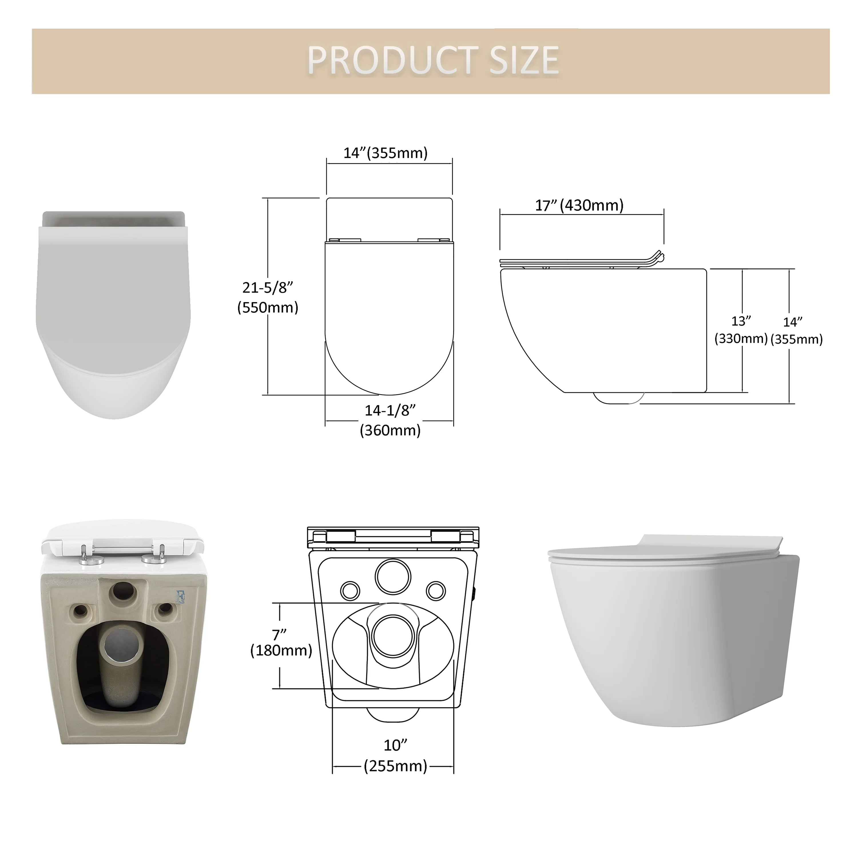 MEJE#MJ-2003R, Rimless Toilet Ceramic Nano Coating Hanging Toilet Wall Hung Toilet Bowl 21.65 x 14.17 x 14.96 inches Glossy Finish