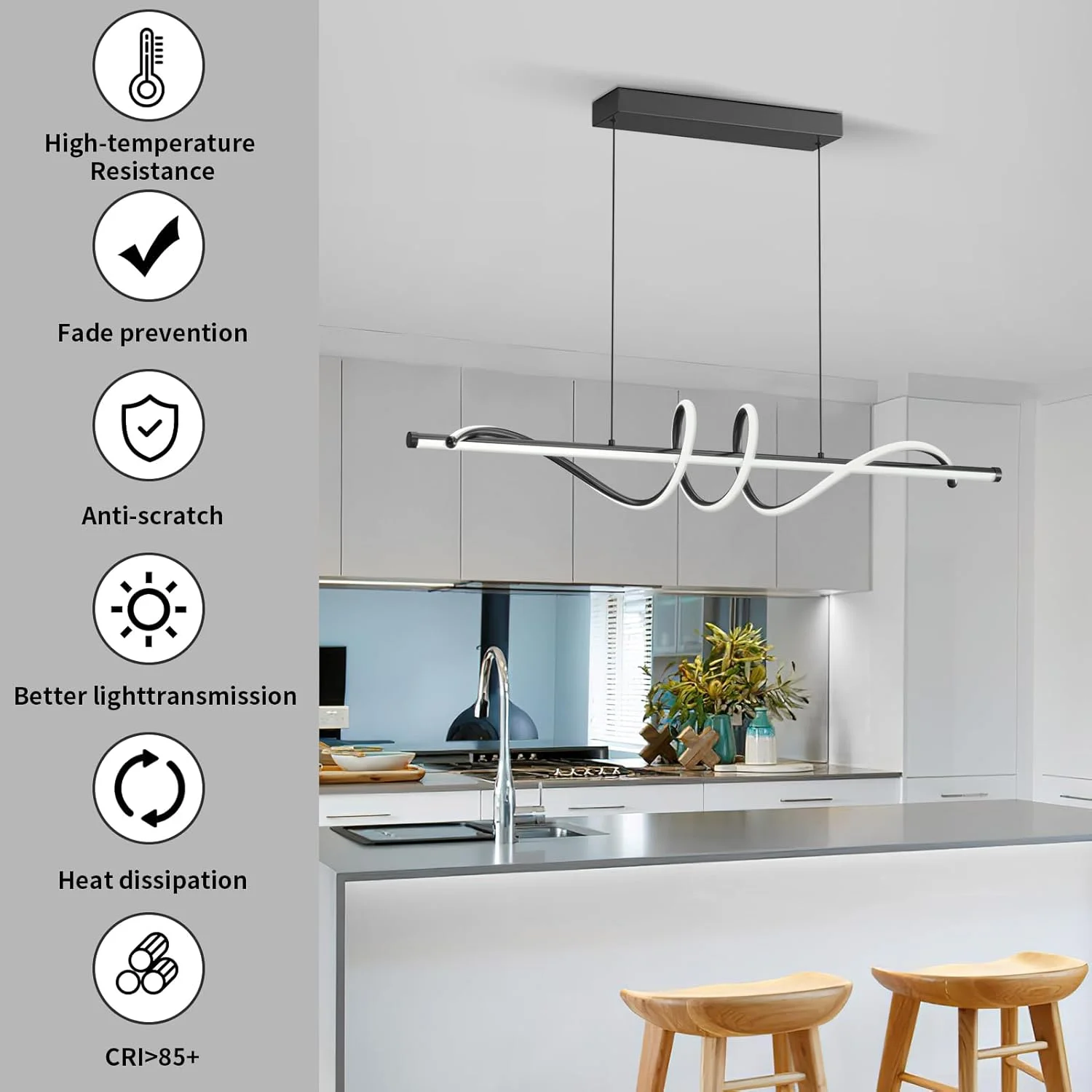 Modern Led Chandelier Dimmable Desk Linear Pendant Light with Remote Control Dimmable 3 Color Mode & Brightness Ceiling Lamp Dining Light Fixture for Kitchen Dining Room 39inch Black