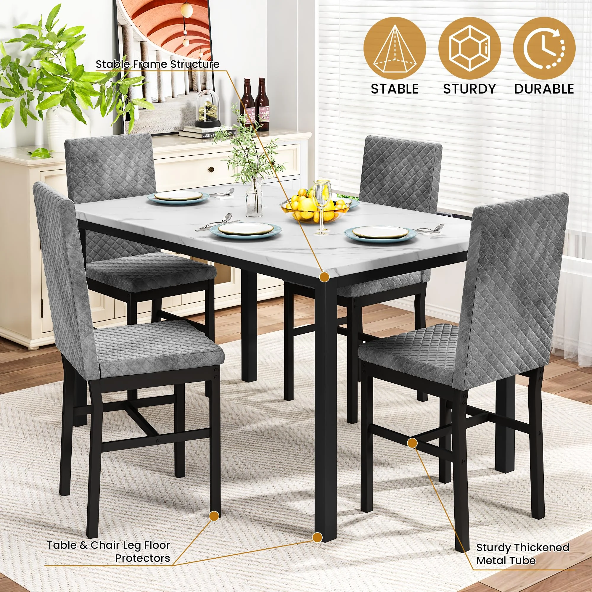 AWQM Dining table set for 4 with modern faux marble tabletop and 4 velvet upholstered chairs, compact space-saving dining table for apartments, kitchens, dining rooms, breakfast nooks, gray  white