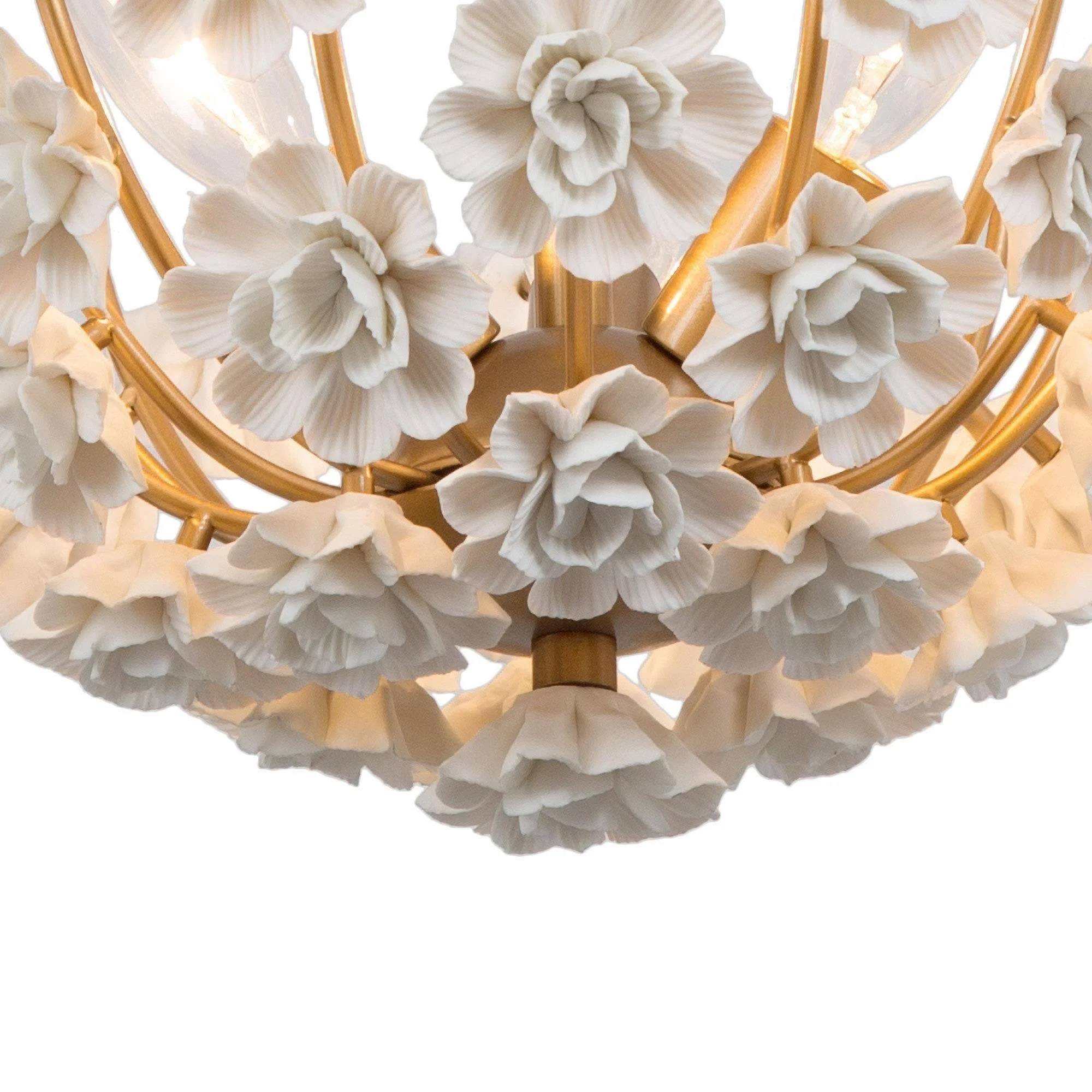 Cotia Mid-century Modern French Country Semi-flush Mount 3-light Ceramic Flowers Bowl Ceiling Light  for Dining Room - 15.5 in Gold Satin Gold