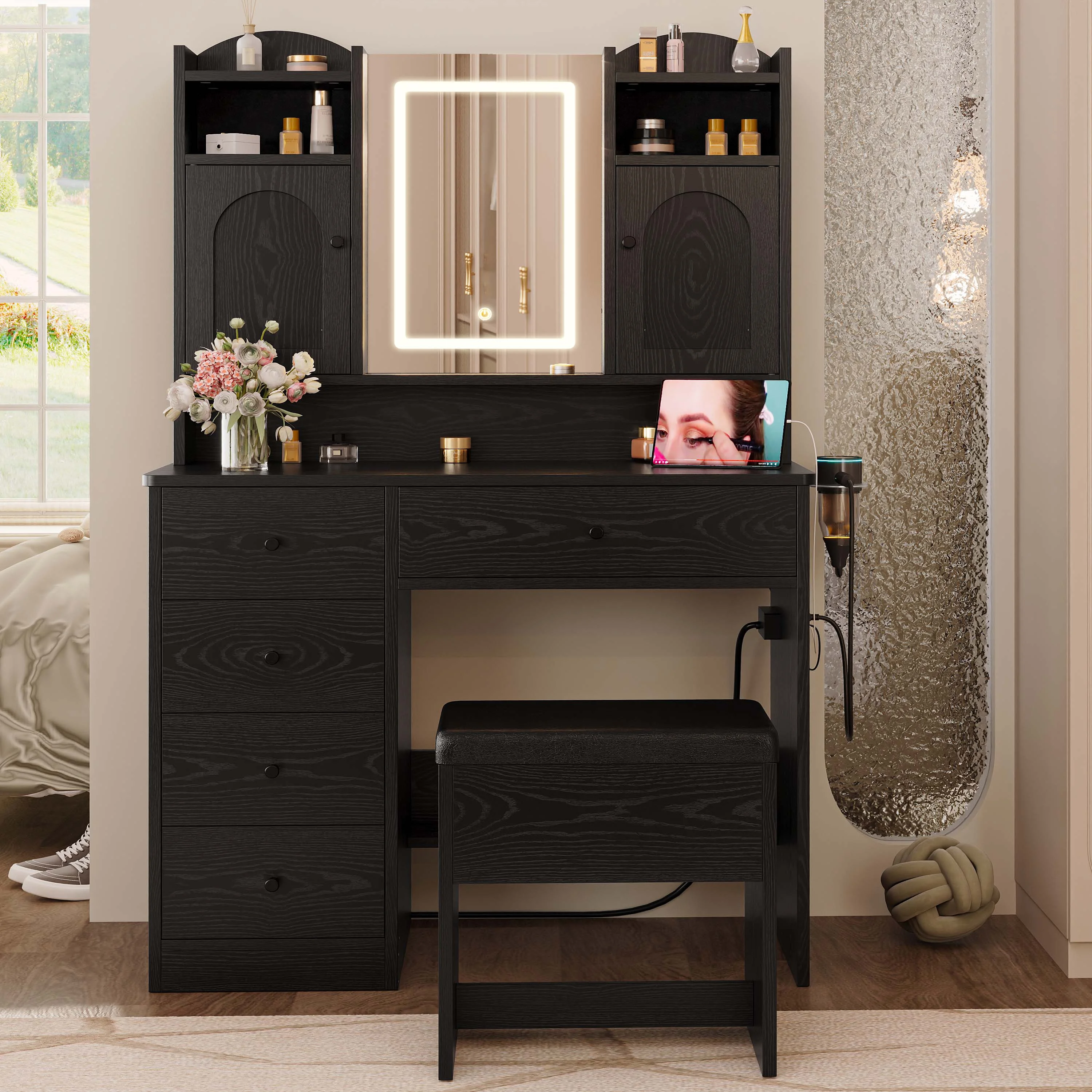 IRONCK White Vanity Set with Mirror and Lights, Makeup Vanity Desk with 5 Drawers & 2 Cabinets & Charging Station