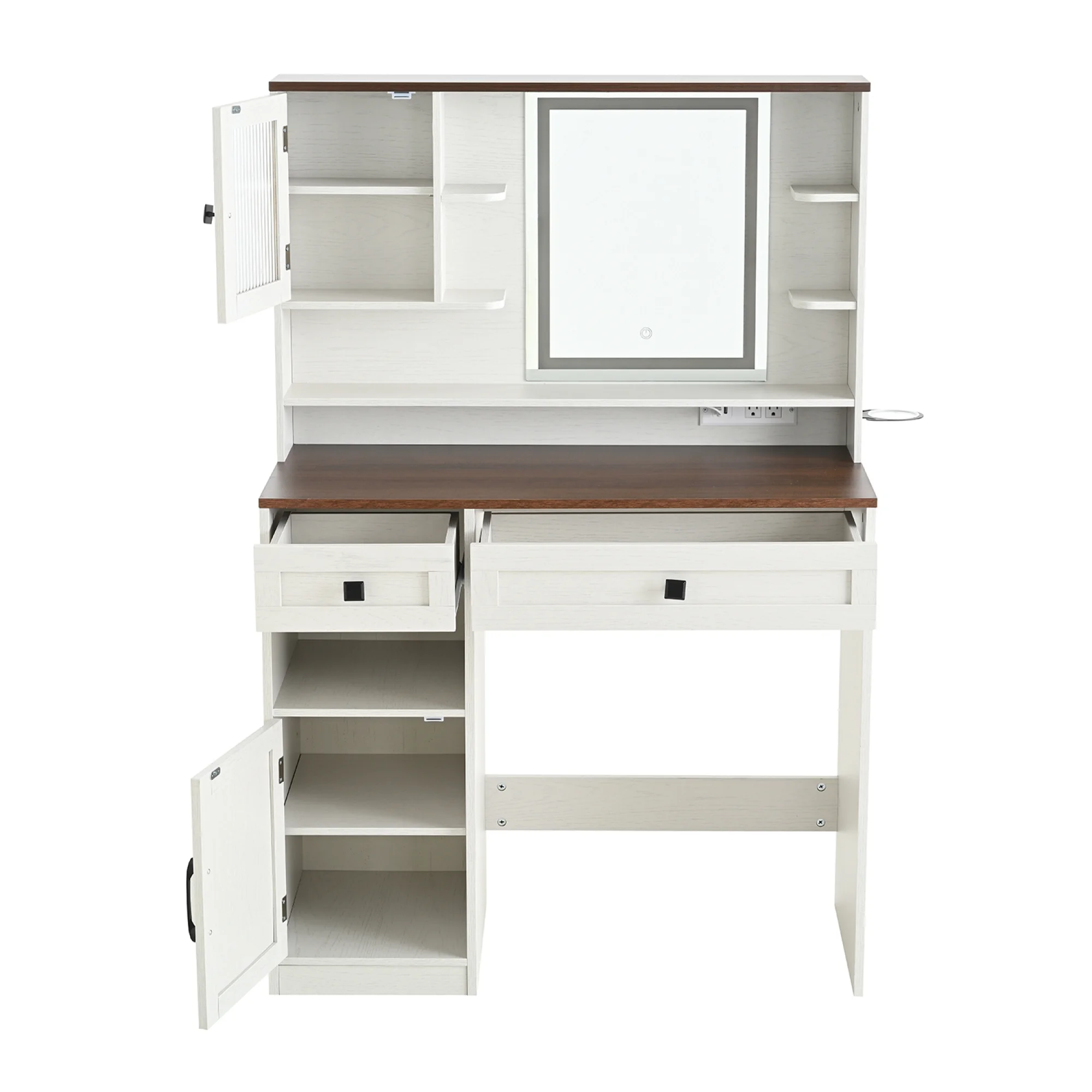 Farmhouse Makeup Vanity Desk with Mirror and Lights,Dressing Table Set with Charging Station and Stool,Drawers,Shelves and Side Cabinet,White