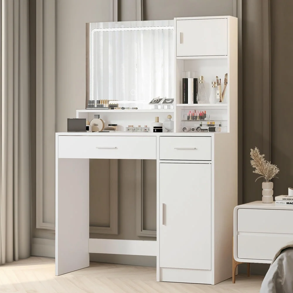 Kadyn Vanity Desk with Lighted Mirror, Vanity Table and Chair Set with 2 Drawers, Dressing Table Makeup Desk with 1 Door, Retro Gray