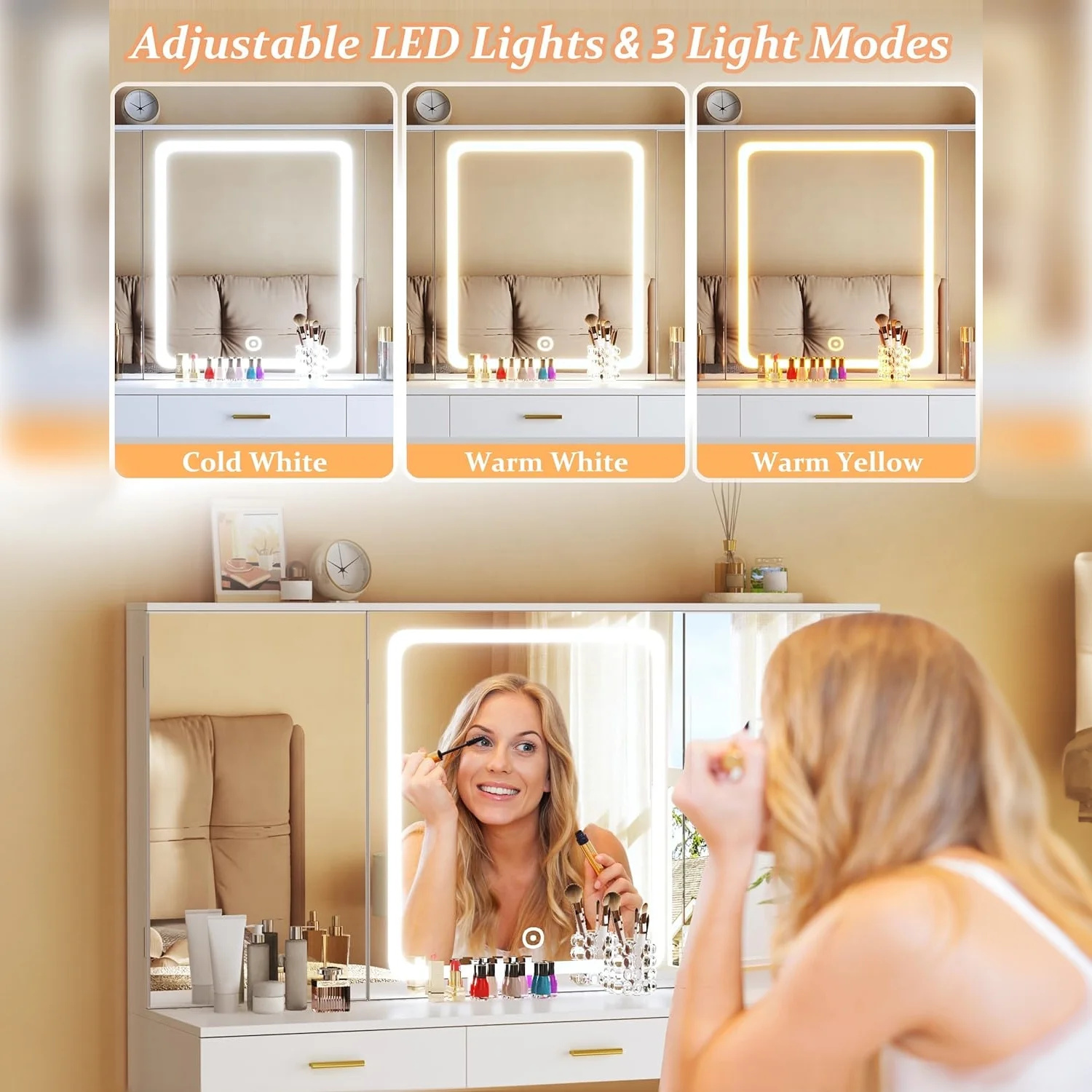 Tomnk woo White Makeup Vanity Desk with Large Mirror, Adjustable Lights, Storage Drawers & Power Outlets