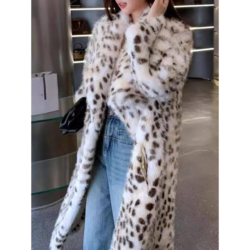 Women's Faux Fur Leopard Long Coat with Lapel
