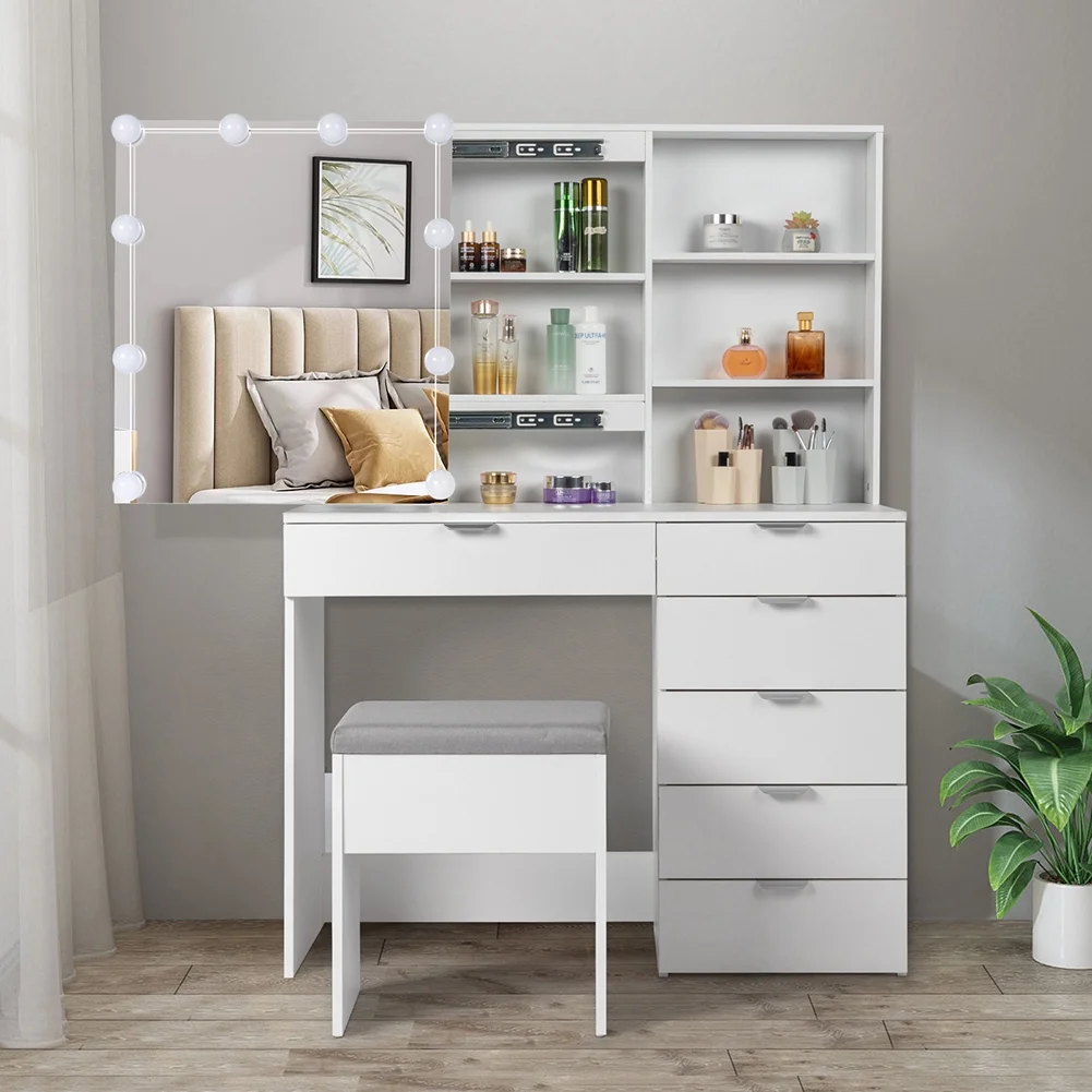 Resenkos Vanity Set with Mirror and 10LED Lights Makeup Vanity Desk Chair with 6 Drawers White
