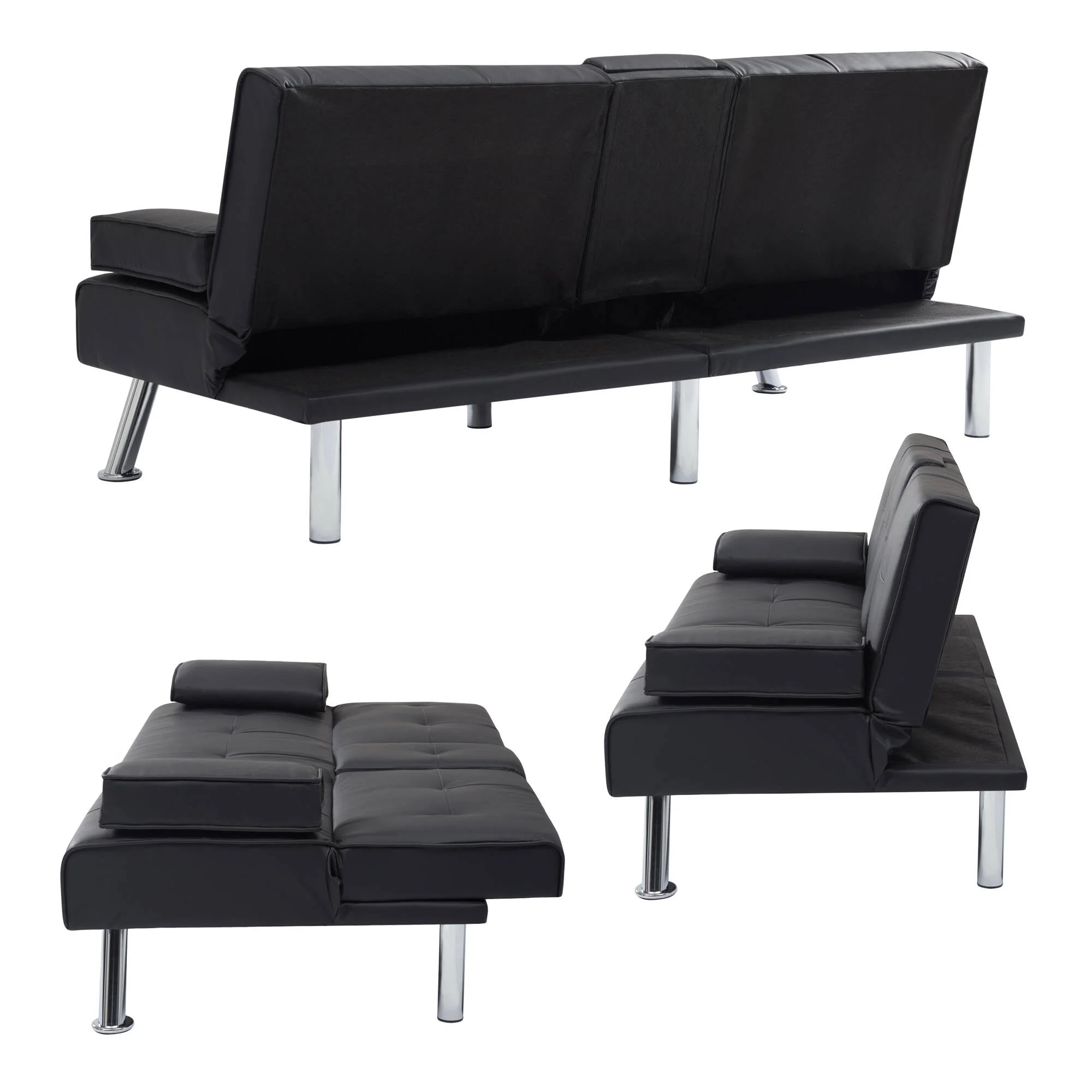BEABA Futon Sofa Bed Modern PU Faux Convertible Couches with Cup Holder and Pillows Folding Furniture Upholstery