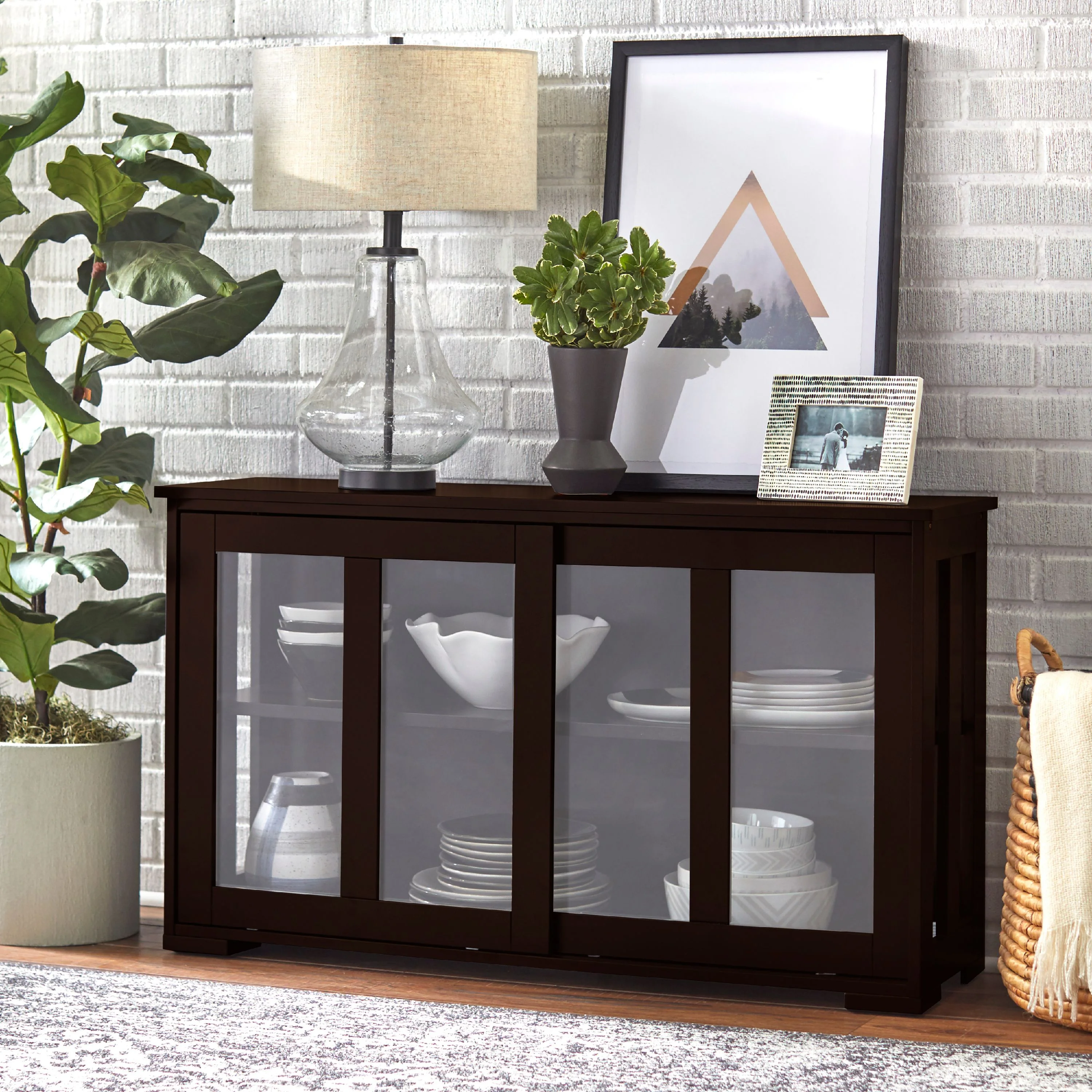 TMS 42�� Wide Contemporary Tempered Glass Sliding Door Stackable Dining Room Sideboard, Espresso Brown Finish