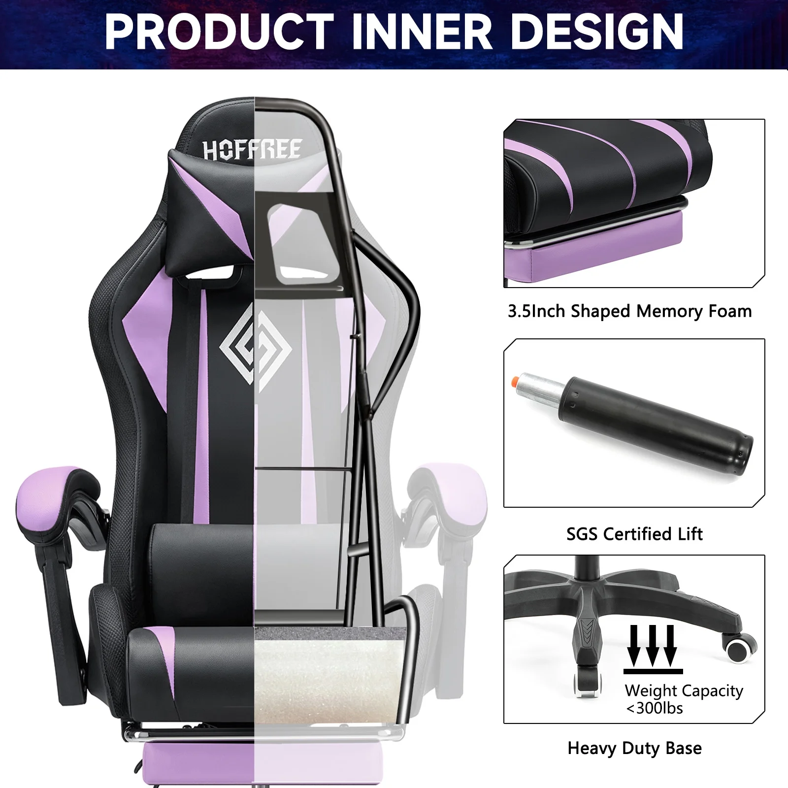 Hoffree Gaming Chair with Massage PU Leather Office Chair with Footrest and LED Light Ergonomic Gamer Chair Lumbar Support Adjustable Headrest High Back Computer Desk Chair for Home Office