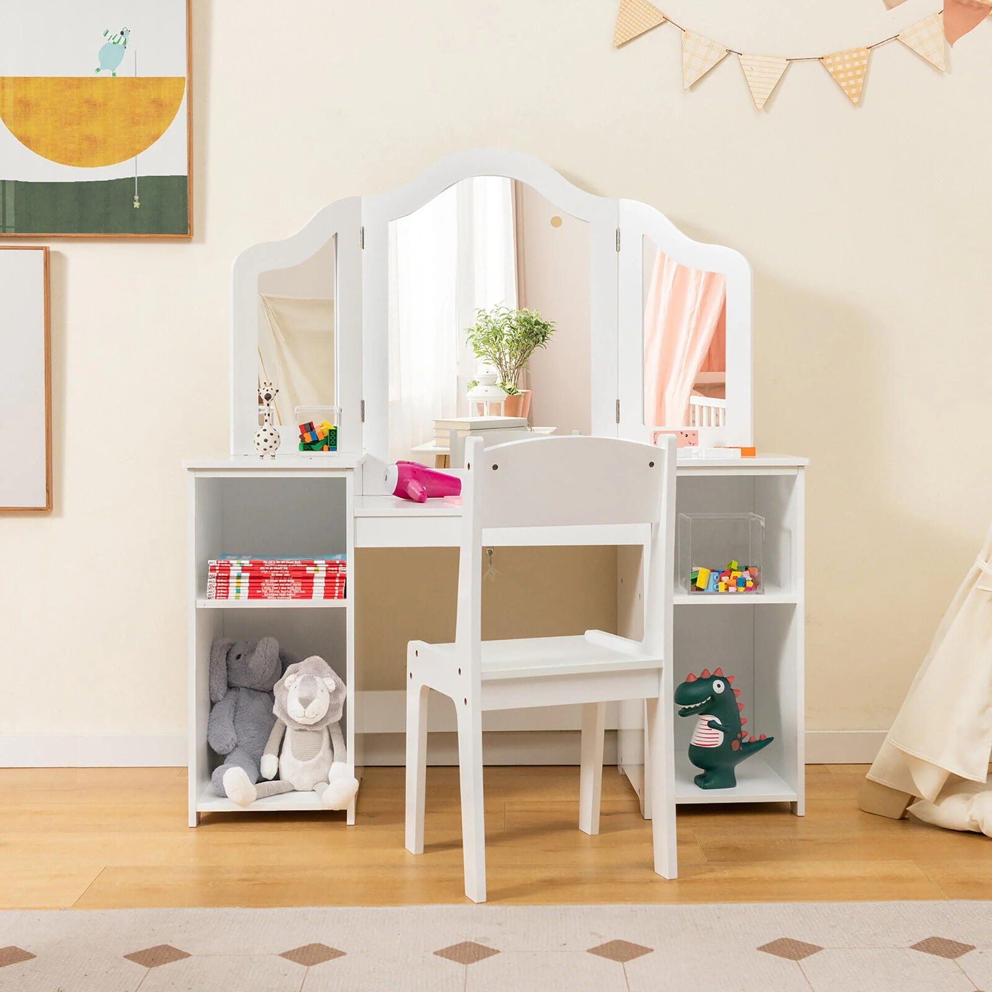 Gymax Kids Vanity 2 in 1 Princess Makeup Desk & Chair Set Safe Tri-fold Mirror White