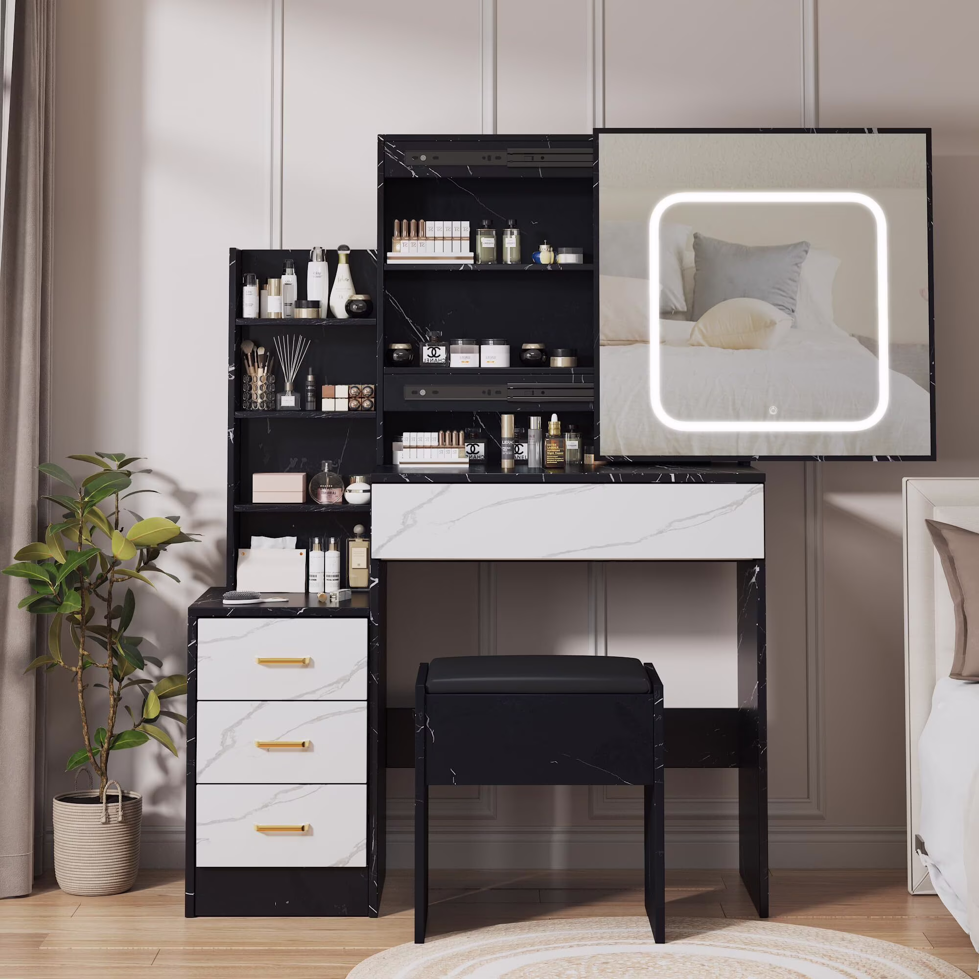 Vanity Desk with Sliding Mirror & Lights, Makeup Vanity Set with Charging Station 4 Drawers 7 Shelves, Large Vanity Set with Cushioned Stool for Bedroom, White