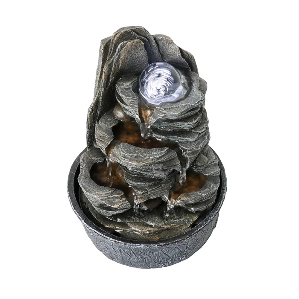 Indoor Water Fountain Tabletop with LED Light, Crystal Ball - 3 Step Zen Modern Portable Rock Waterfall Fountain for Office Desktop Decor