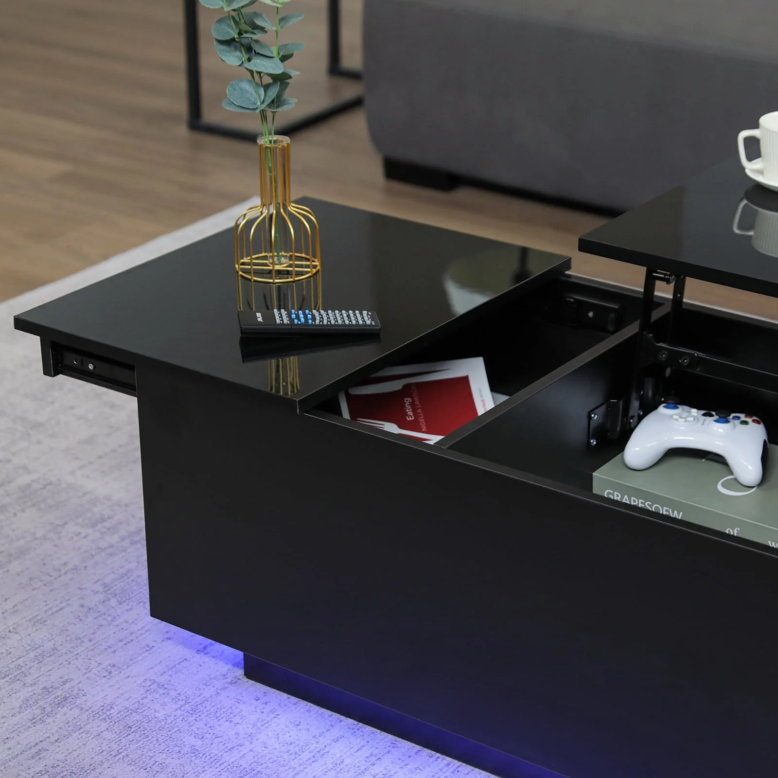 Hommpa LED Lift Top Coffee Table with Charging Station High Gloss Rectangle Center Tea Desk Black Hidden Storage Rising Dining Cocktail Tables Living Room
