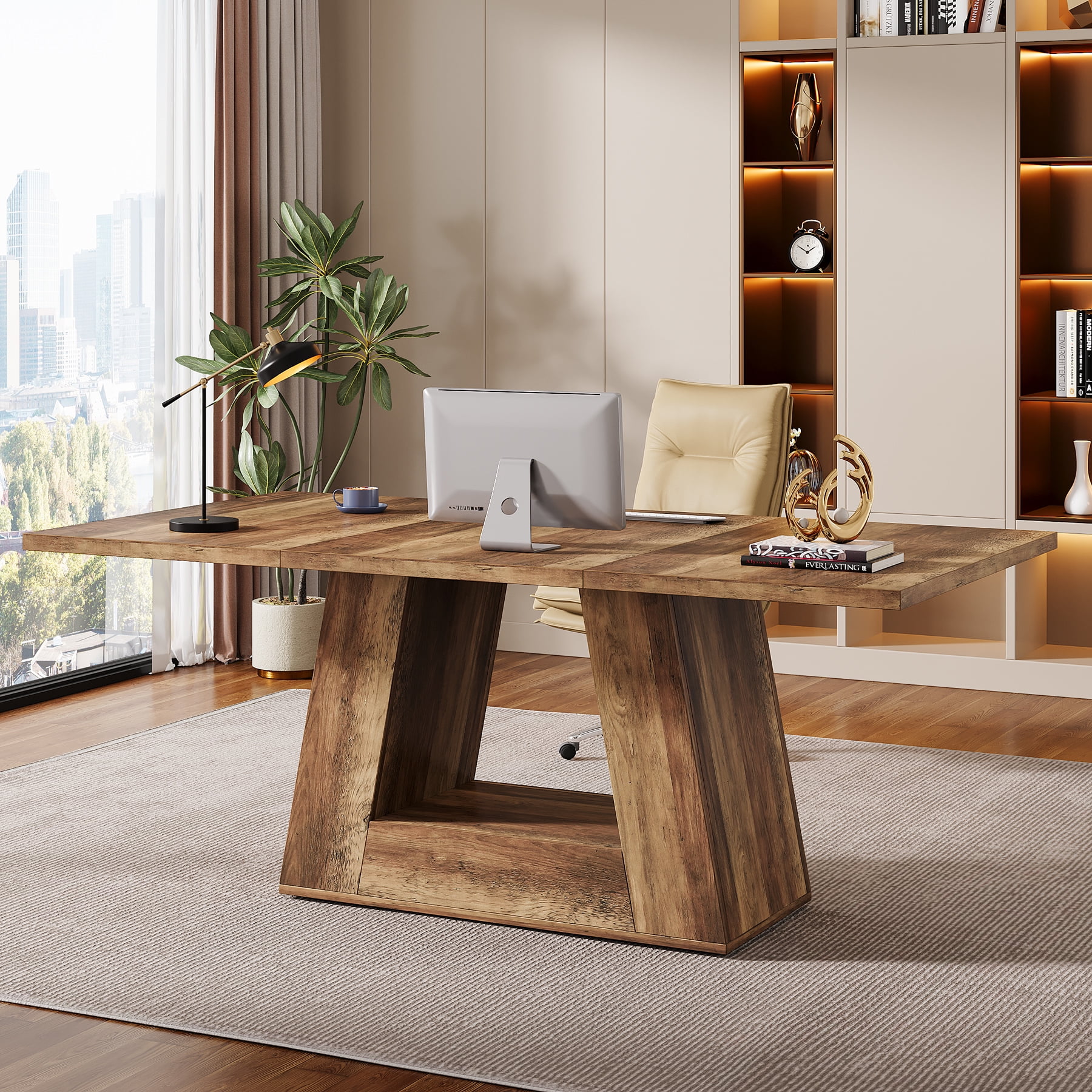 Tribesigns Modern Computer Desk, 63 inch Wooden Faux Marble Study Writing Table with Sturdy Base for Home Office, Black