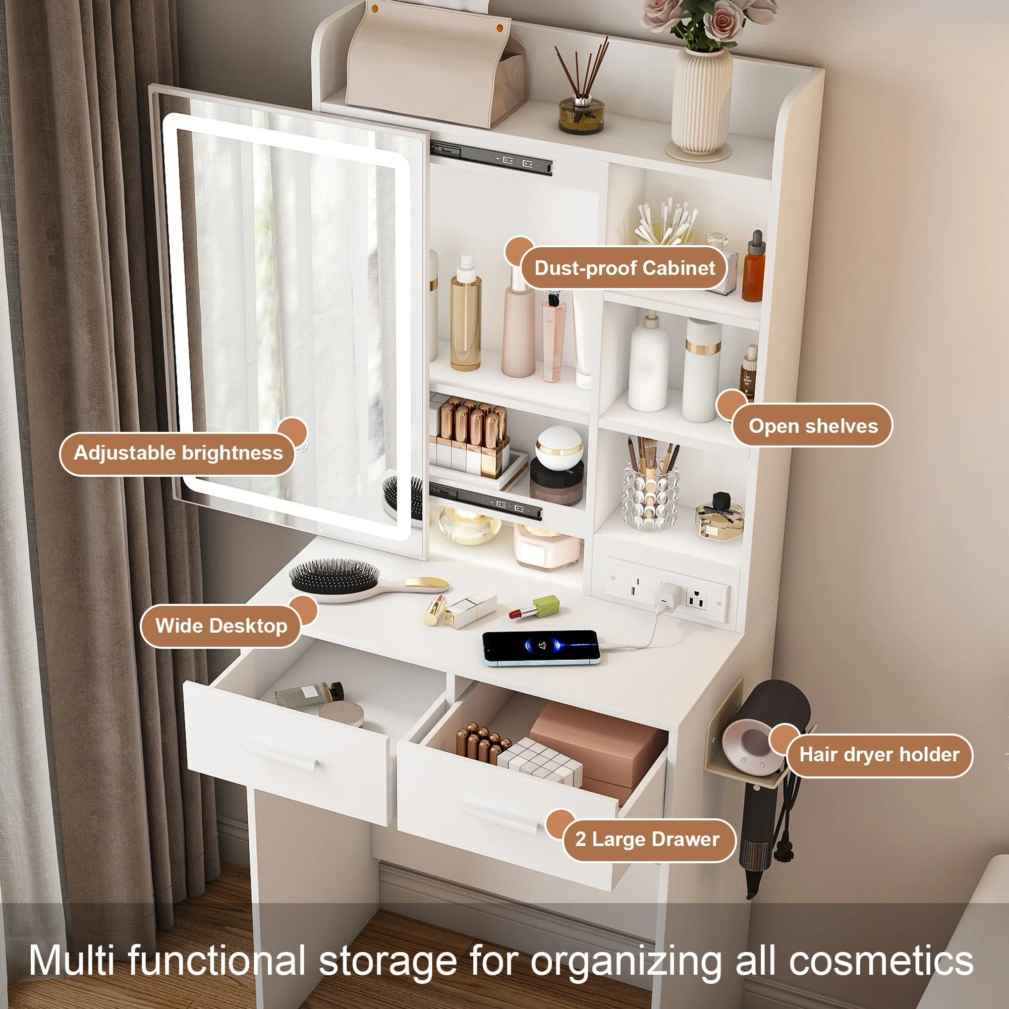 Small White Makeup Vanity Desk with Mirror and Adjustable LED Lights, Built-in Power Outlet and Hidden Storage