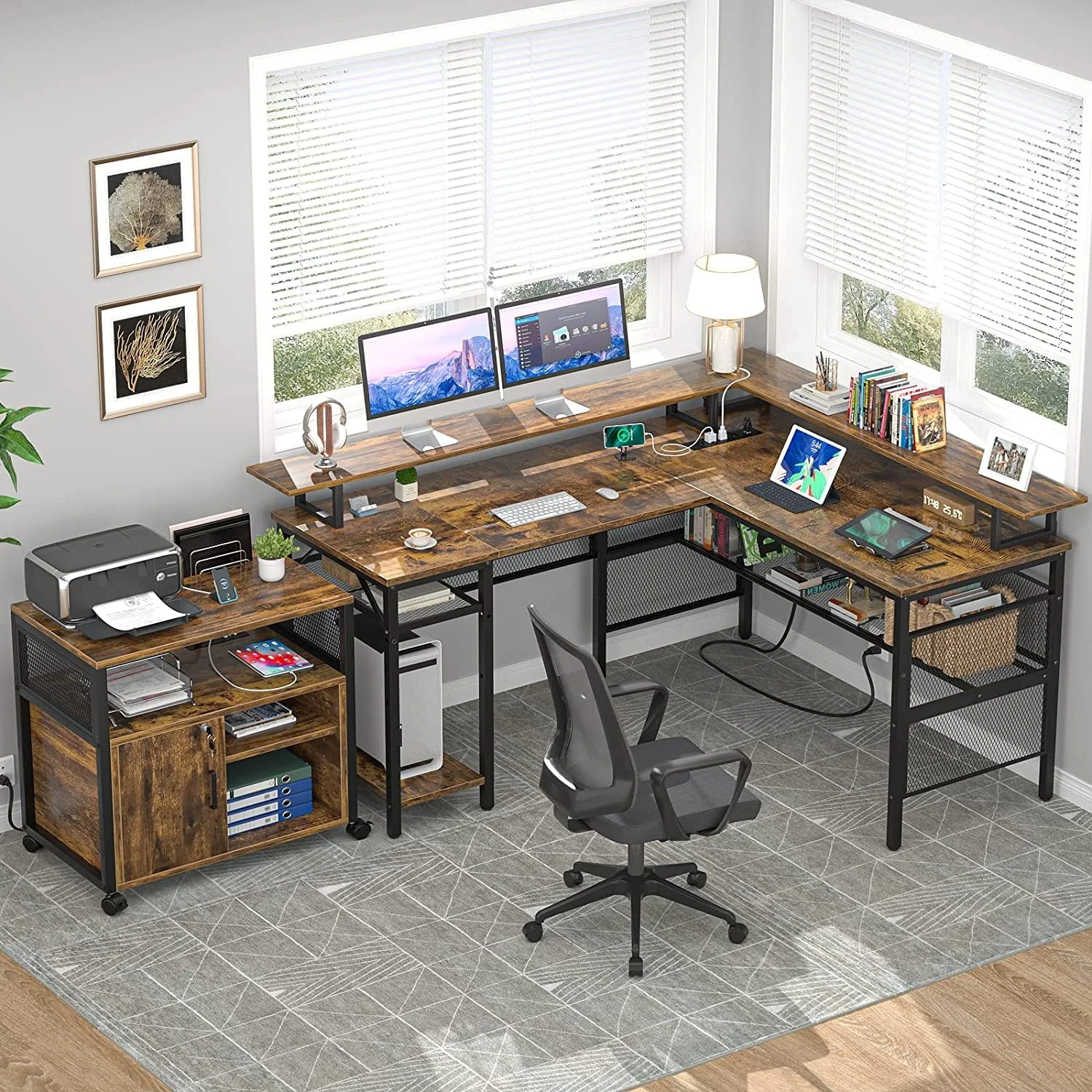 Homieasy L Shaped Desk with Power Outlets and LED Light, 55 inch Reversible L-Shaped Gaming Desk with Monitor Stand, Ergonomic Corner Computer Desk with Storage Shelf for Home Office, Rustic Brown