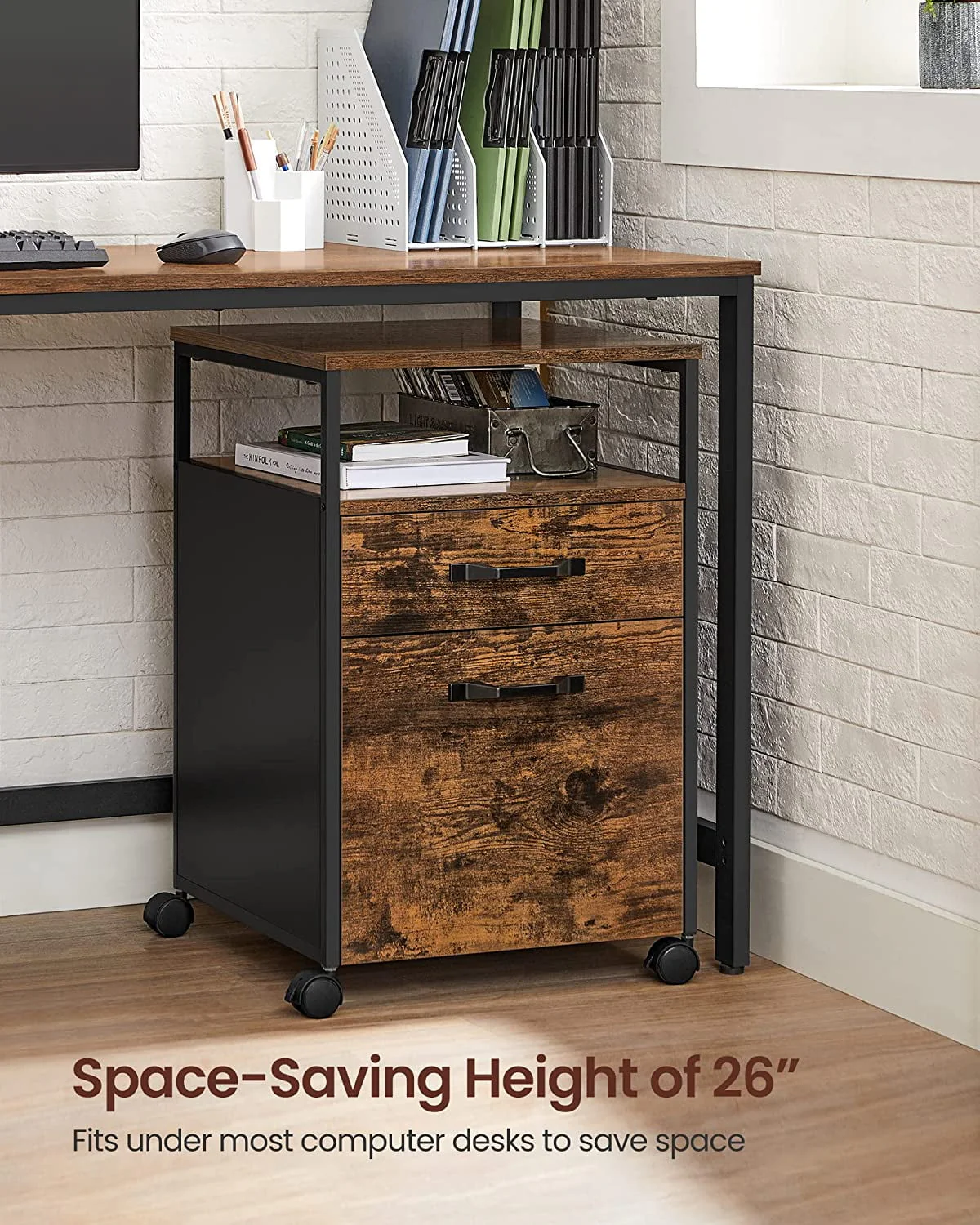 VASAGLE File Cabinet Mobile Filing Cabinet with Wheels 2 Drawers Open Shelf for Office Rustic Brown and Black