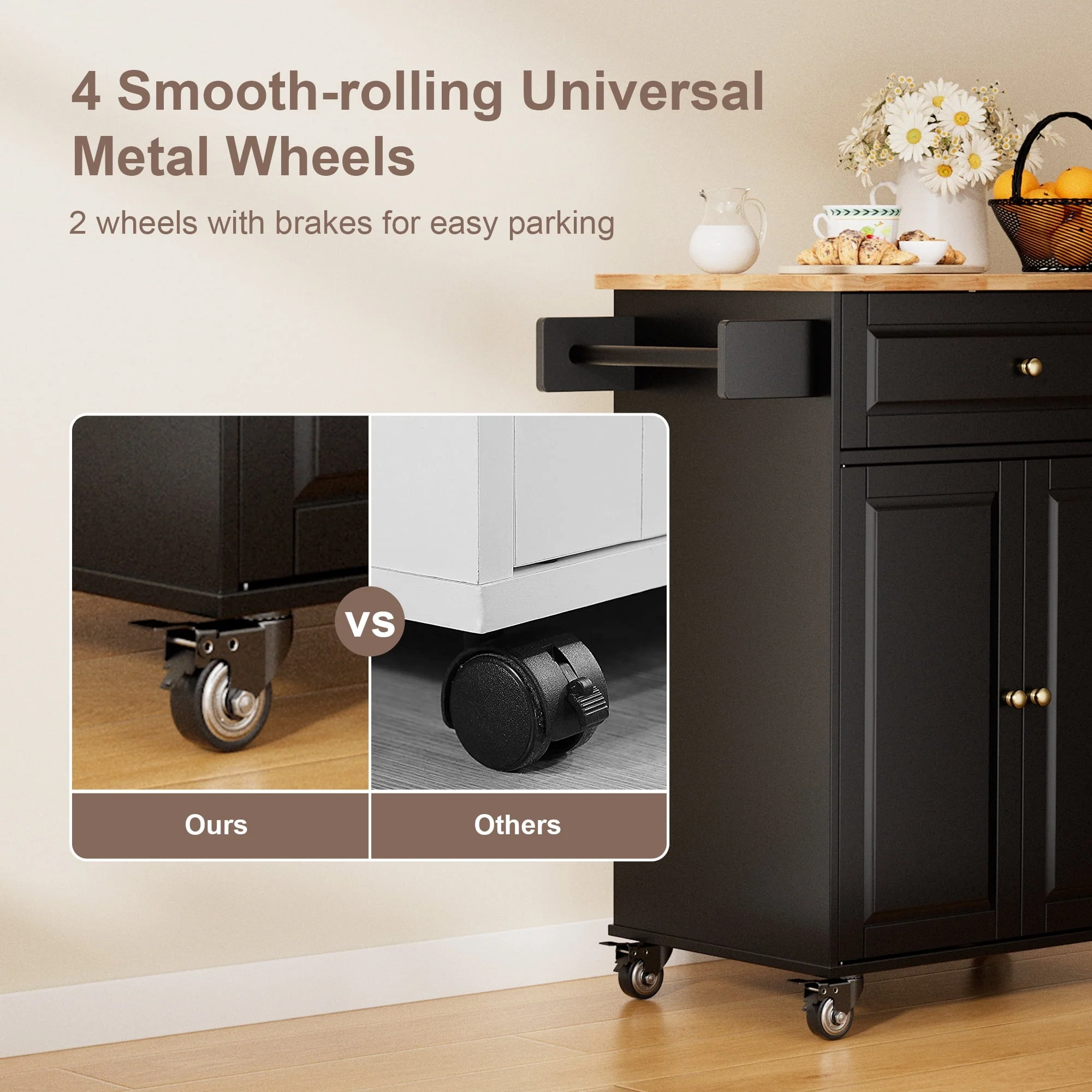Kitchen Island with Storage on Wheels, Microwave cart with Spice Rack, Towel Rack & Drawer, Black
