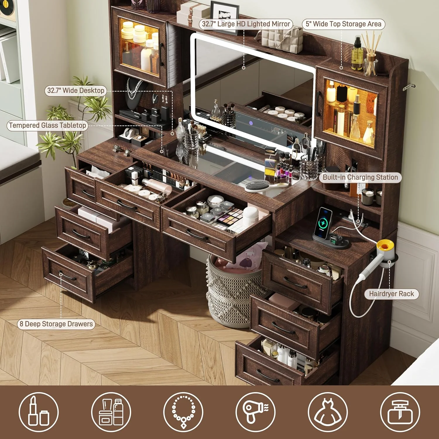 ChVans 62'' Large Vanity Desk with Tempered Glass Top & Charging Station, Farmhouse Makeup Vanity with 8 Storage Drawers & 2 LED Glass Storage Cabinets & 3 Lights Mode LED Mirror for Women Gift