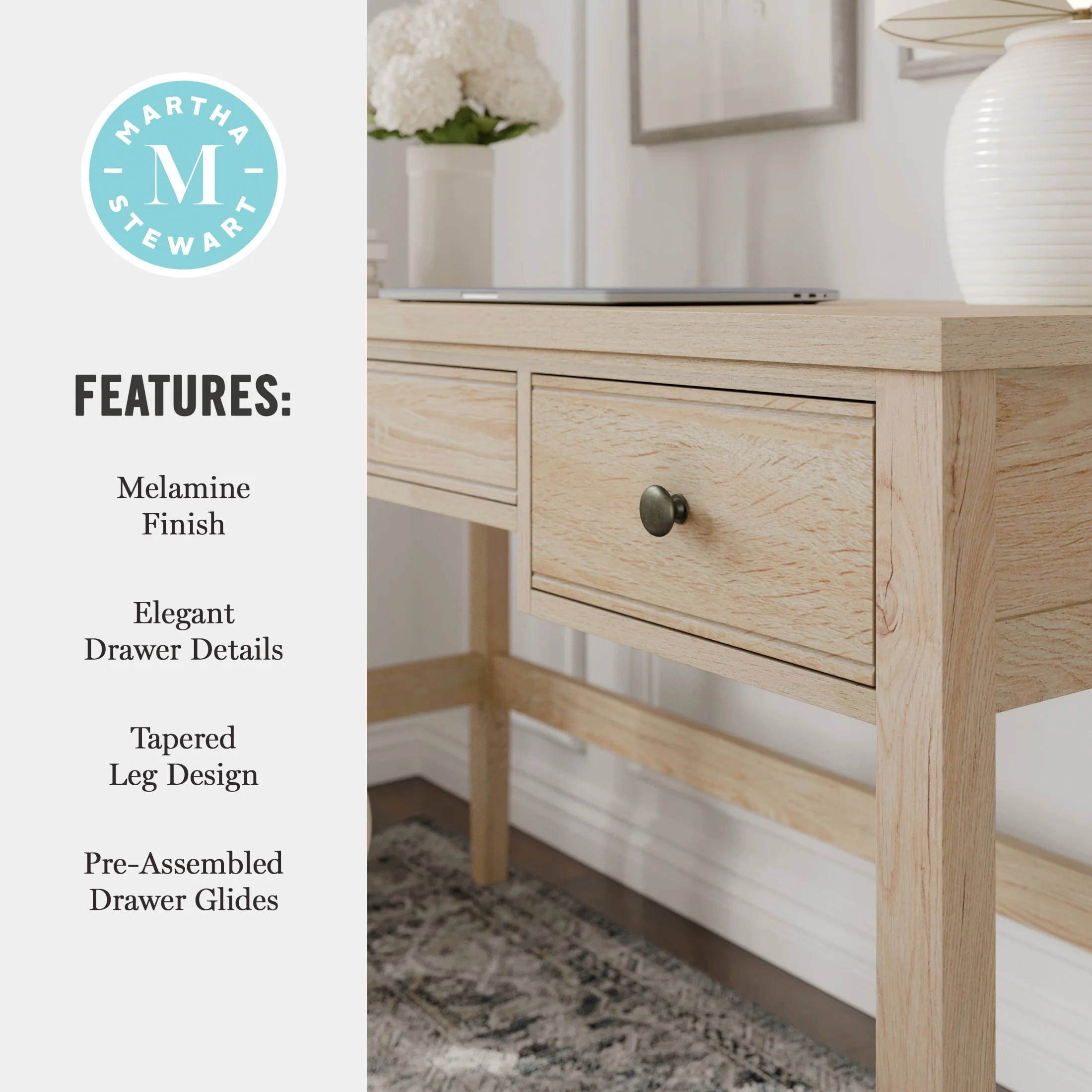 Martha Stewart Home Office Writing Desk with Tapered Legs in Light Natural with Antique Bronze Hardware