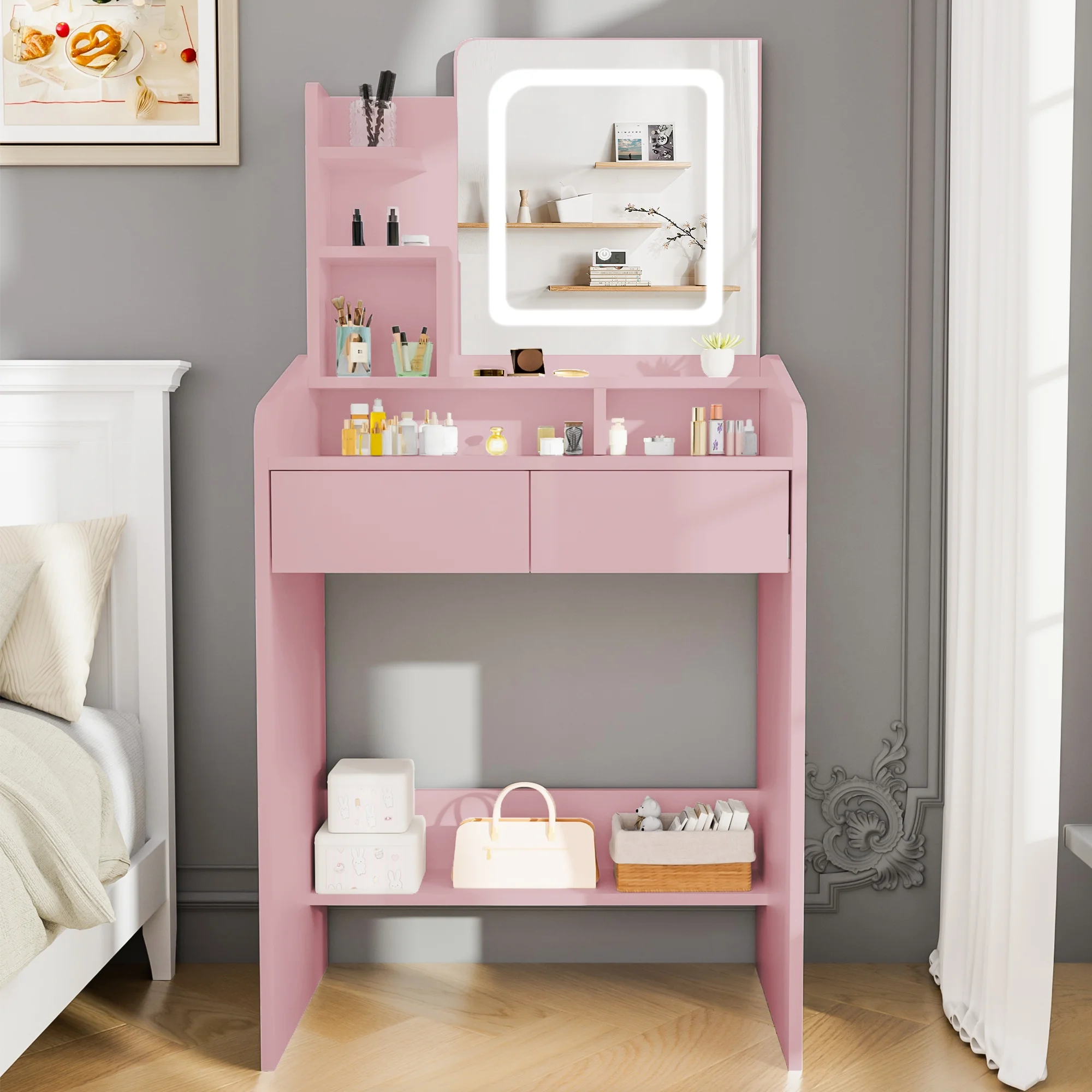 LIVELYGLOW Vanity Desk Set with Square Mirror and Light- Small Vanity Table with Drawers- White