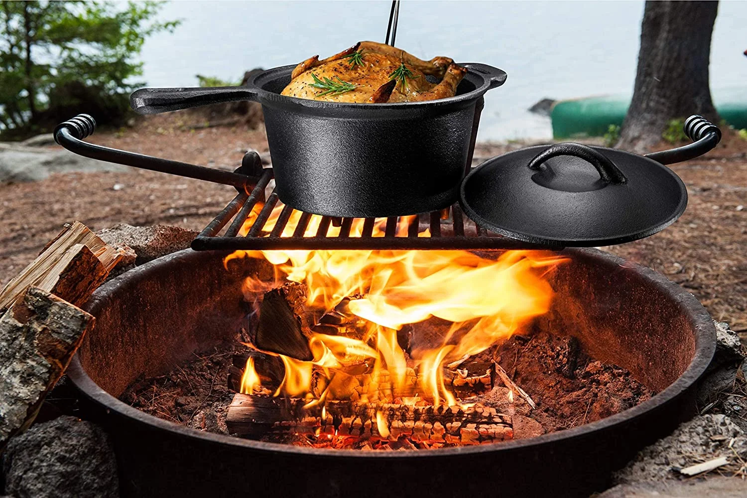 Bruntmor Camping Cooking Set Of 7 - Pre Seasoned Cast Iron Pots, Pans, and Dutch Ovens with Lids for Outdoor Campfire Cooking - Skillet Grill Cookware Set with Storage Box
