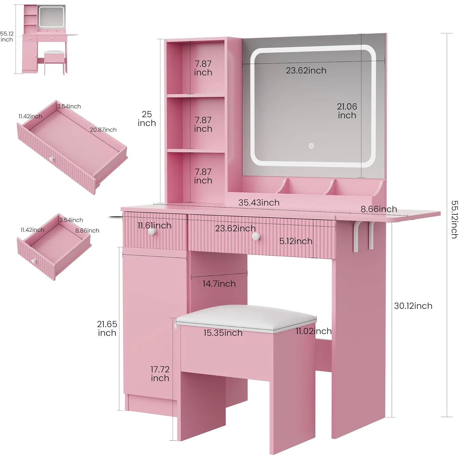 M optimized Vanity Desk with Mirror and Lights, Power Outlets Makeup Table with Drawers & Cabinet, Storage Stool, Dressing Table for Bedroom