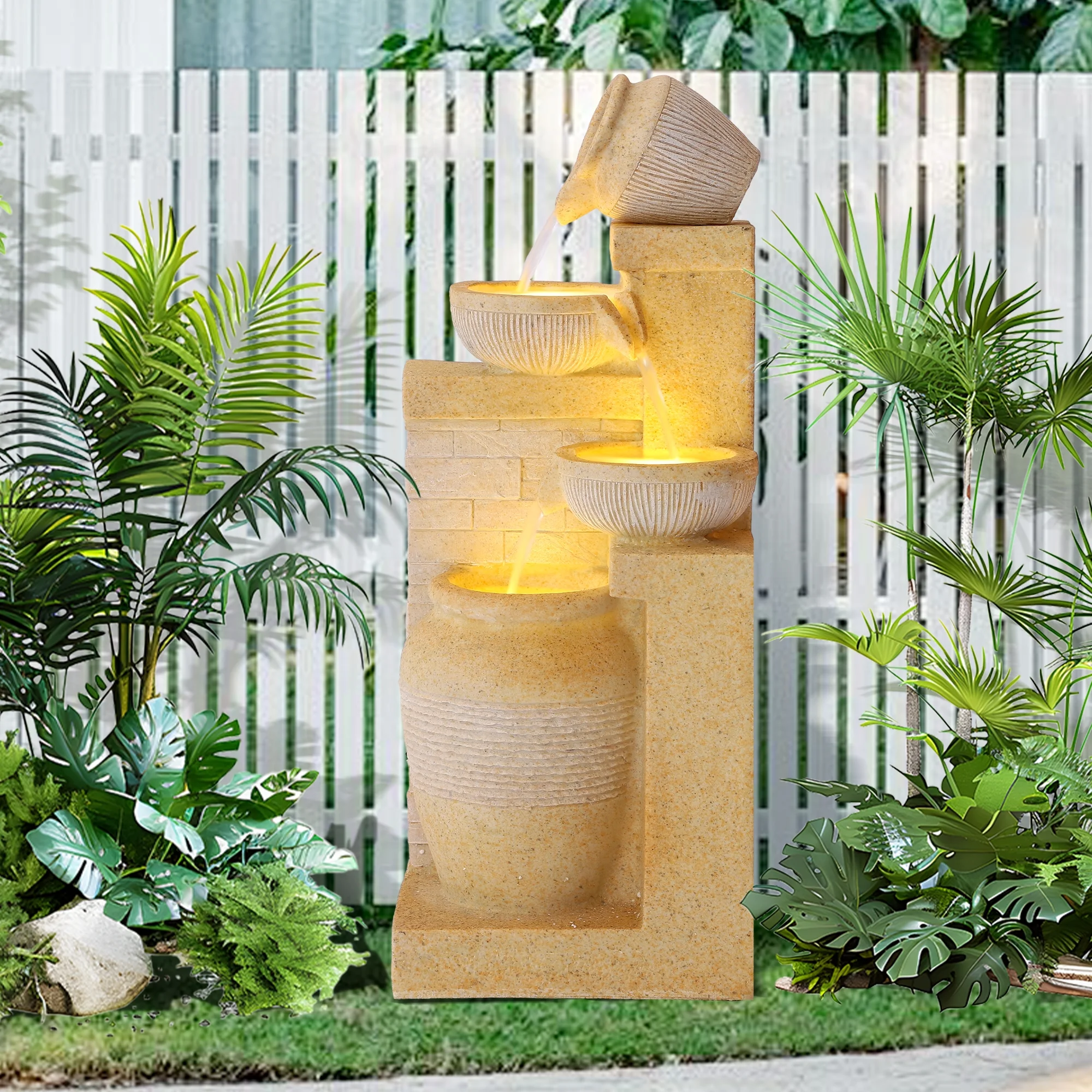 Magic Union Outdoor 4-Tiers Water Fountain, Garden Cascading Waterfalls Fountain with LED Lights, 32