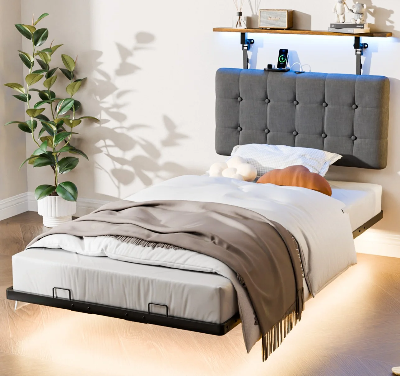 Zimtown Twin Floating Bed Frame with Hanging Headboard, Platform Bed, No Box Spring Needed, Black