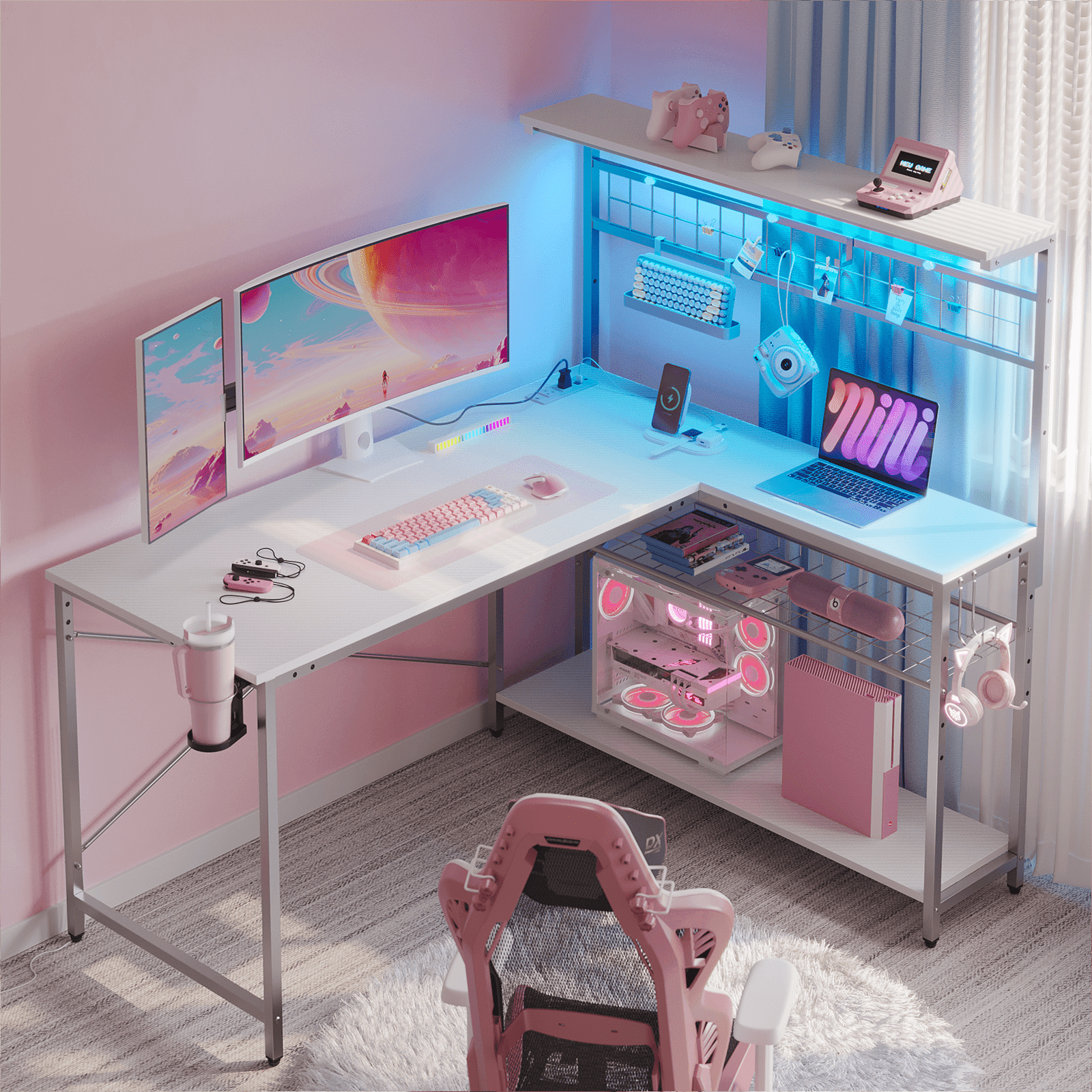 Bestier 51 L Shaped Gaming Desk with Power Outlets & LED Light, Computer Desk with 4 Tiers Shelves for Home Office, Reversible Gamer Table with Hooks and Cup Holder, Carbon Fiber